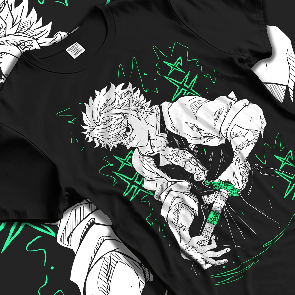 Black T-shirt laid flat with natural folds featuring Sanemi Shinazugawa Wind Hashira Demon Slayer artwork.