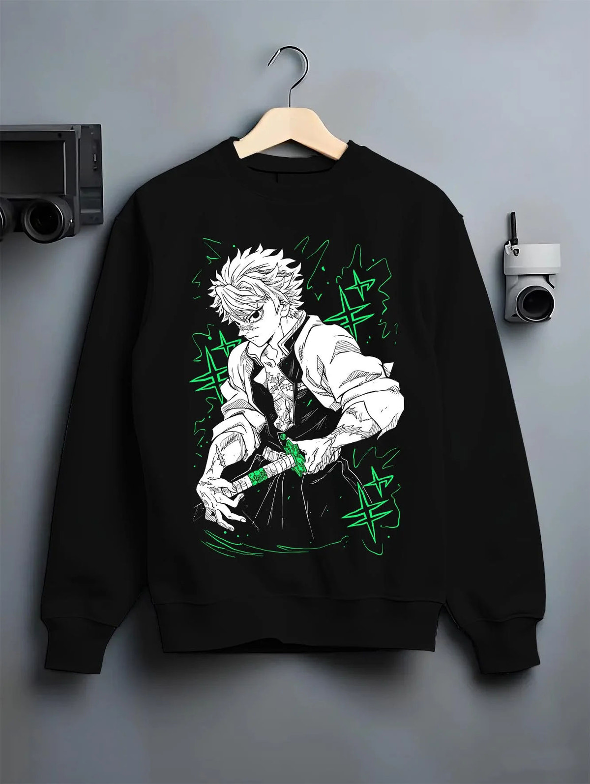Black crewneck sweatshirt on hanger featuring Sanemi Shinazugawa Wind Hashira Demon Slayer artwork.