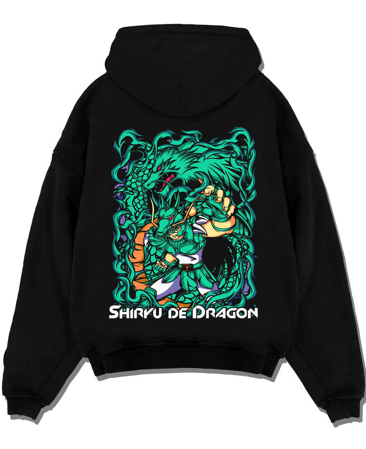 Black hoodie laid flat featuring Dragon Shiryu Bronze Saint Saint Seiya artwork.