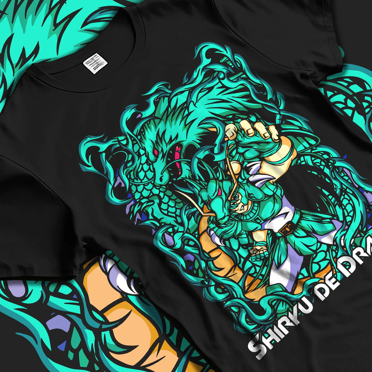 Black T-shirt laid flat with natural folds featuring Dragon Shiryu Bronze Saint Saint Seiya artwork.