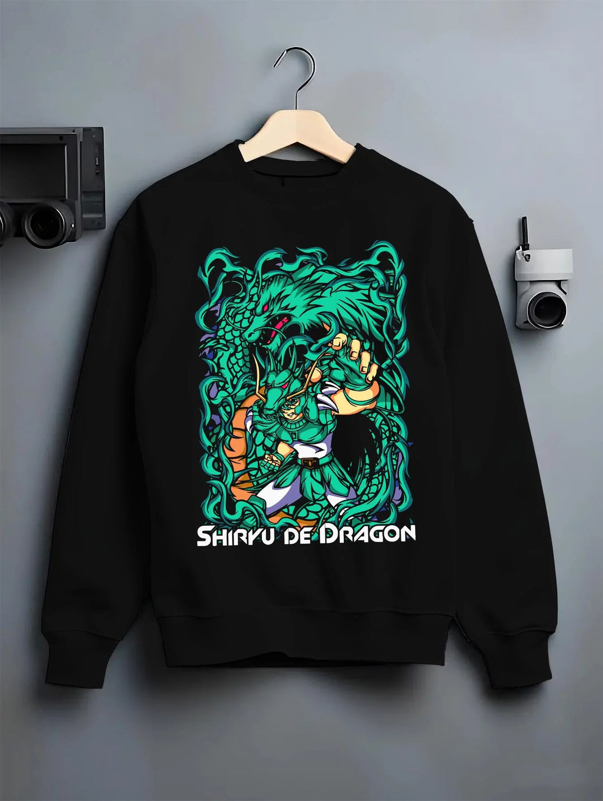 Black crewneck sweatshirt on hanger featuring Dragon Shiryu Bronze Saint Saint Seiya artwork.