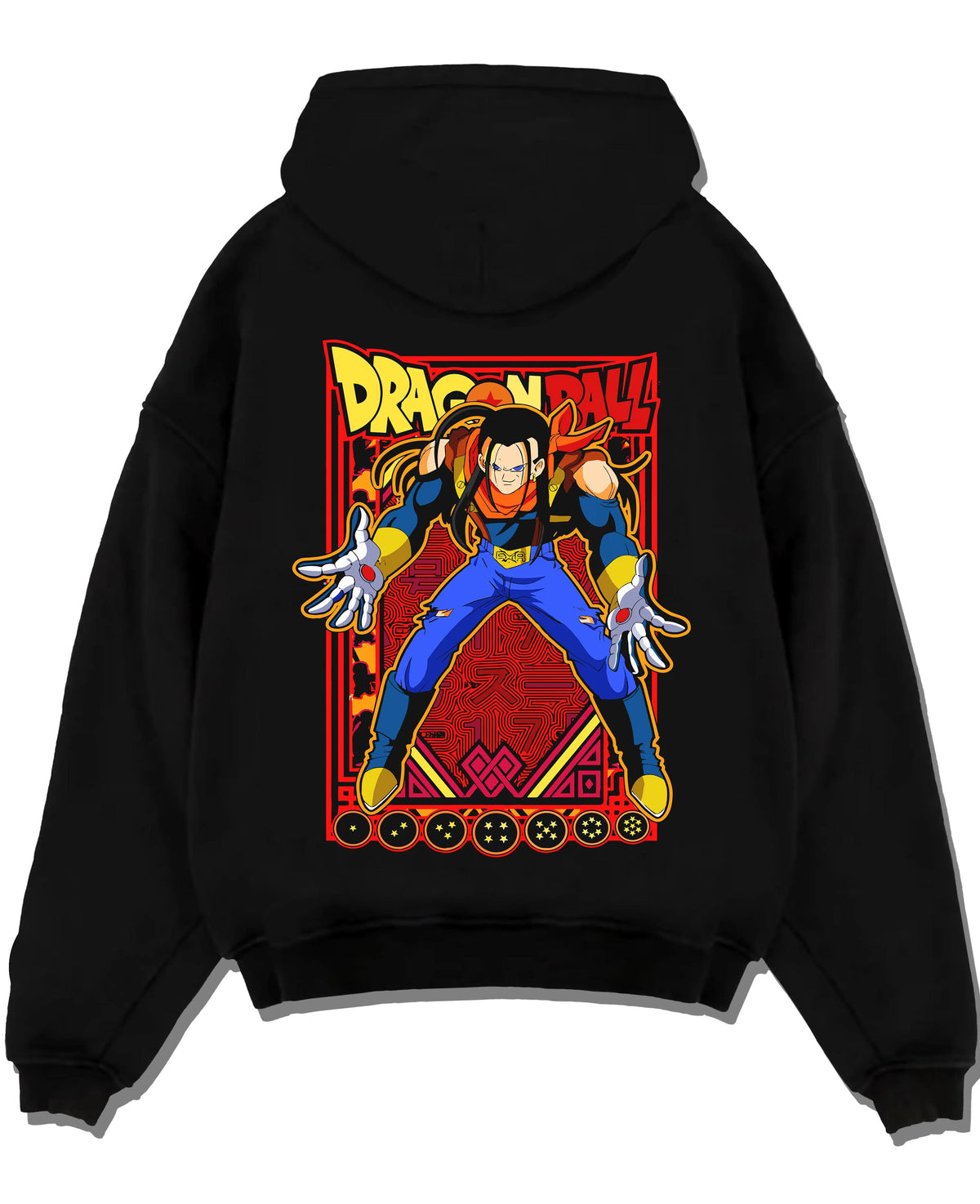 Black hoodie laid flat featuring Android 17 ranger battle Dragon Ball GT artwork.