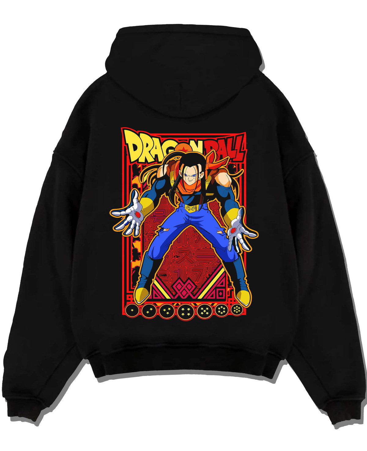 Black hoodie laid flat featuring Android 17 ranger battle Dragon Ball GT artwork.