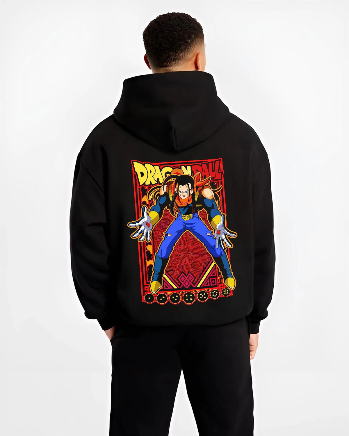 Black hoodie worn by male model from the back featuring Android 17 ranger battle Dragon Ball GT artwork.