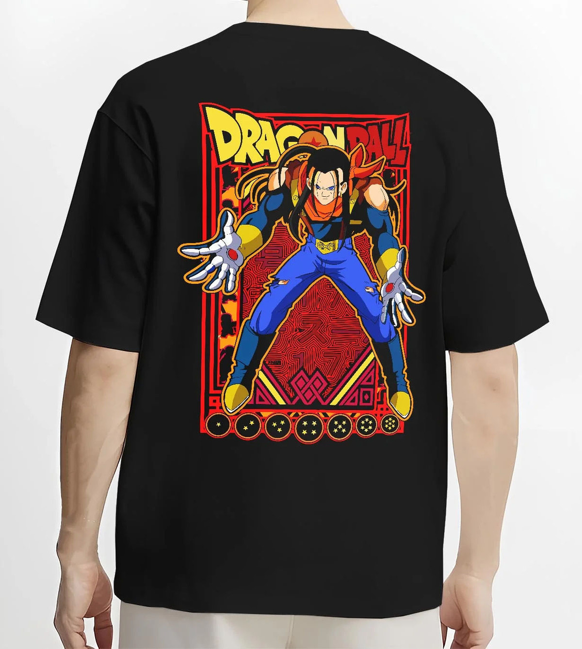 Black T-shirt worn by male model from the back featuring Android 17 ranger battle Dragon Ball GT artwork.