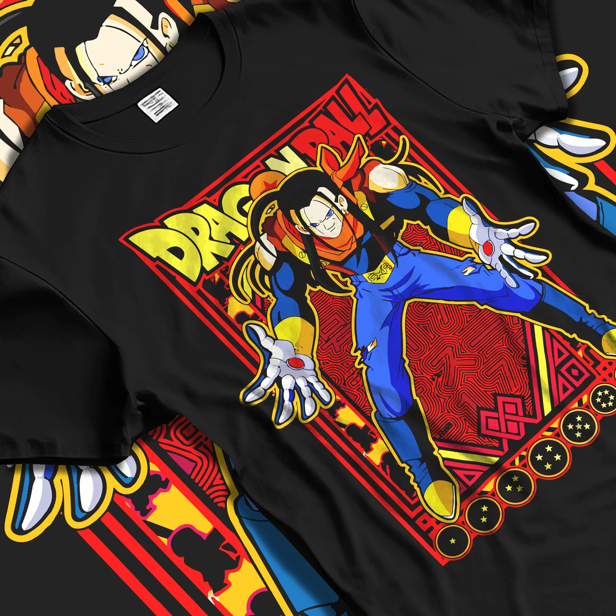 Black T-shirt laid flat with natural folds featuring Android 17 ranger battle Dragon Ball GT artwork.