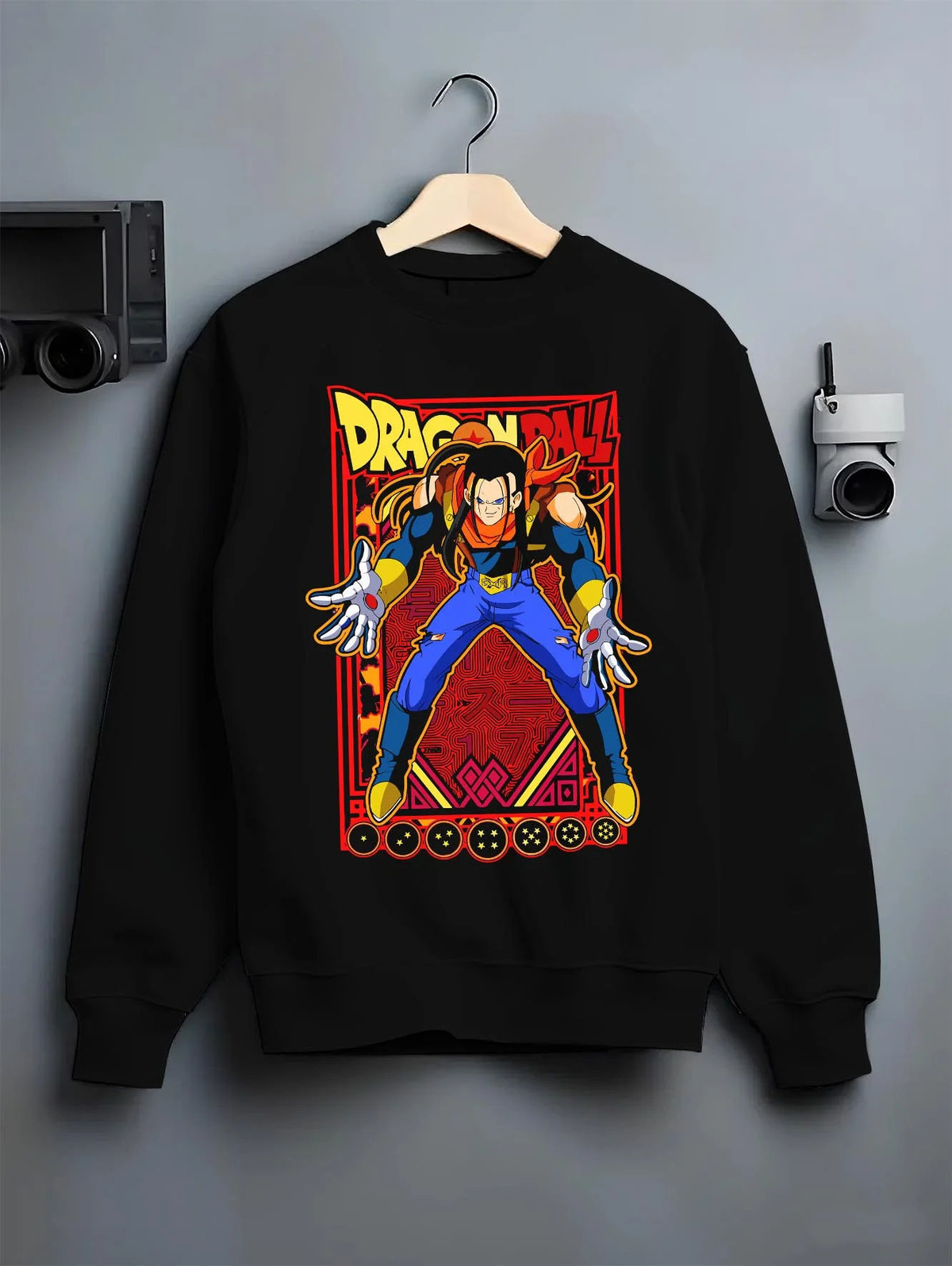 Black crewneck sweatshirt on hanger featuring Android 17 ranger battle Dragon Ball GT artwork.