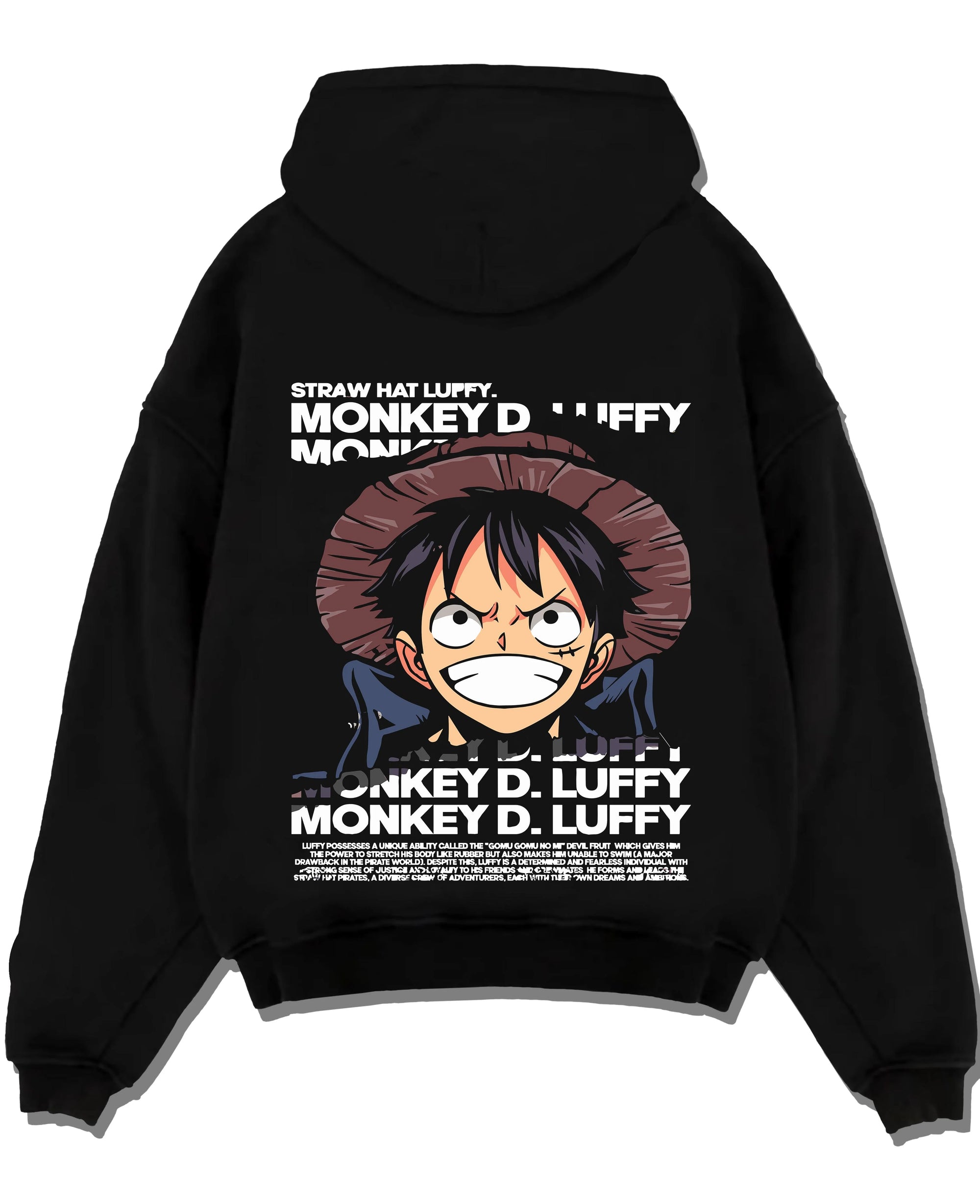 Black pullover hoodie laid flat with Monkey D Luffy Hoodie One Piece Pirate King graphic streetwear graphic.