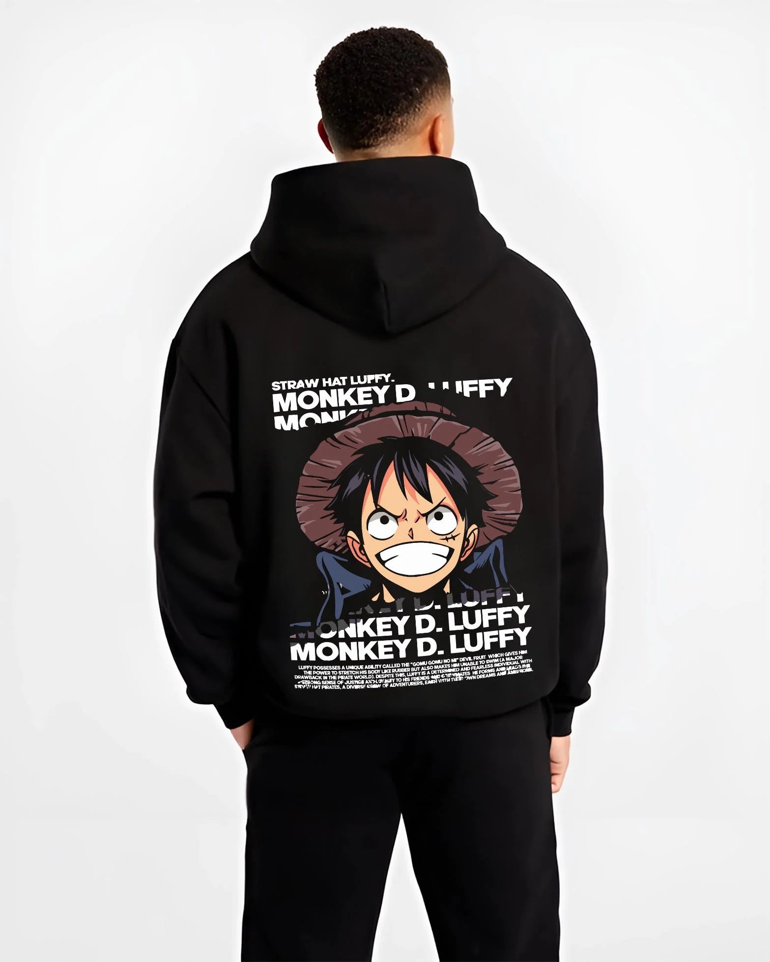 Black hoodie worn by male model, back view with Monkey D Luffy Hoodie One Piece Pirate King graphic bold anime graphic.