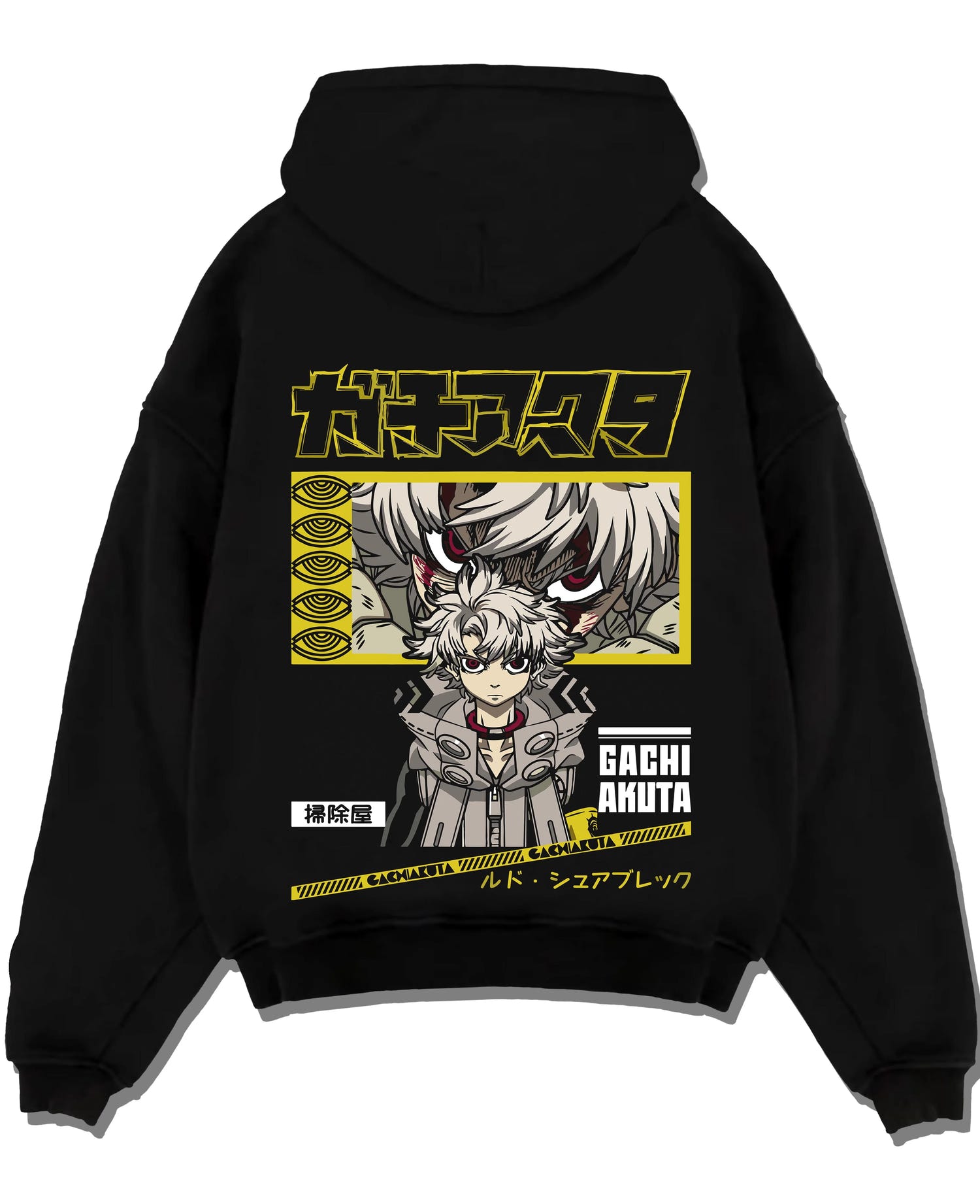 Black pullover hoodie laid flat with Rudo Hoodie Gachiakuta Character Action Scene graphic premium wear.