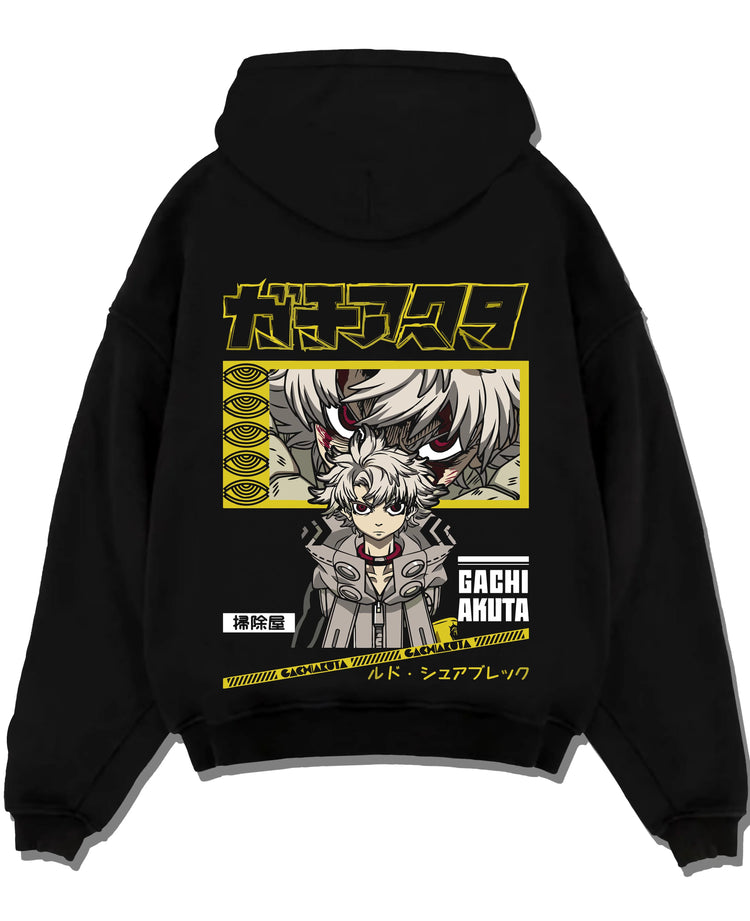 Black pullover hoodie laid flat with Rudo Hoodie Gachiakuta Character Action Scene graphic premium wear.