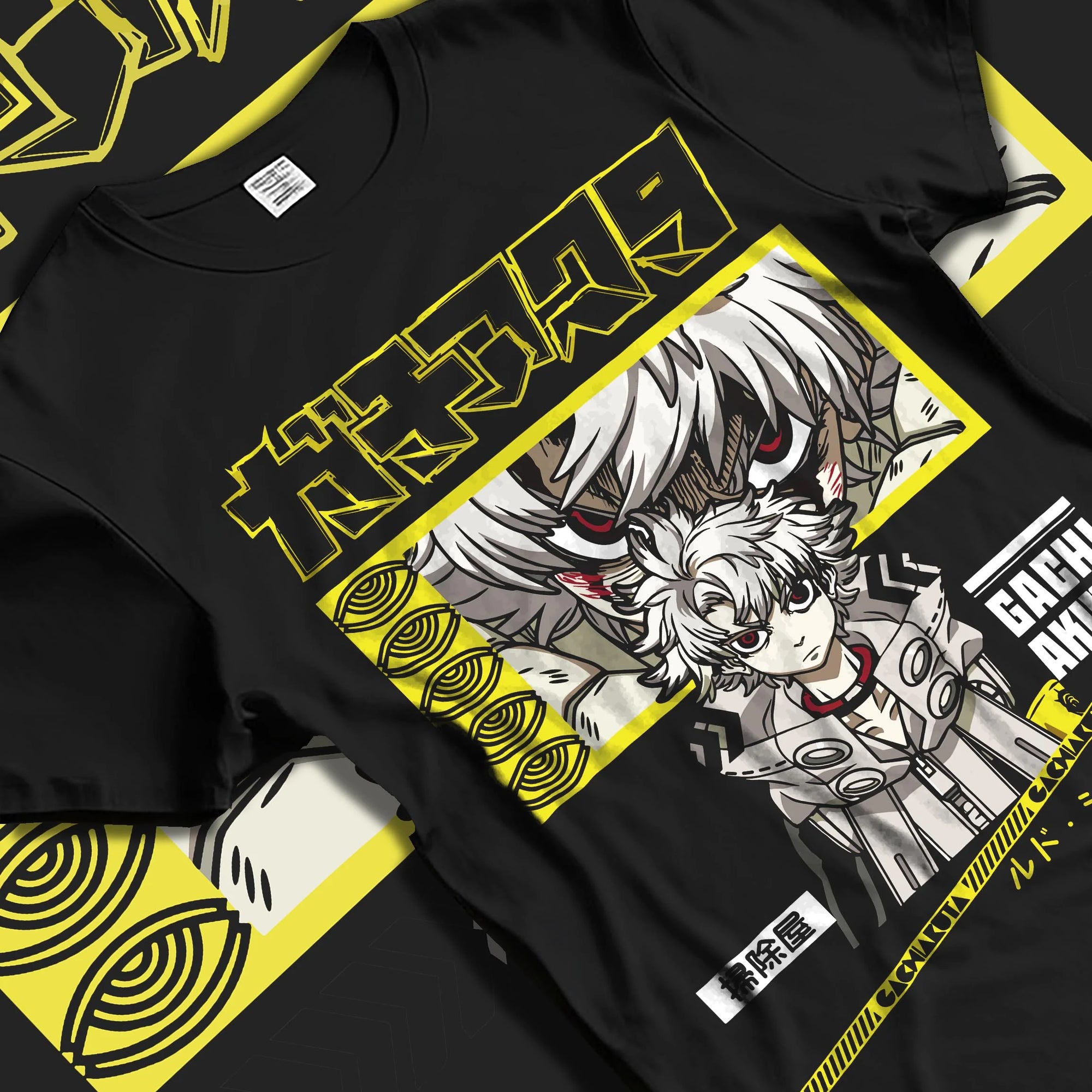 Black T-shirt laid flat with natural folds with Rudo Hoodie Gachiakuta Character Action Scene graphic streetwear graphic.