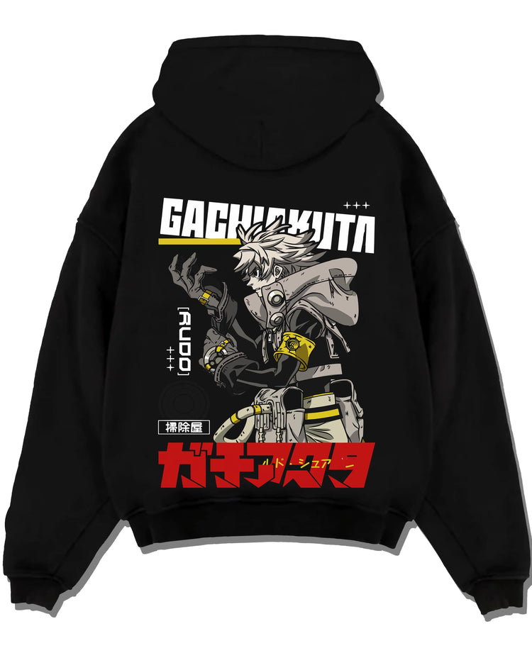 Black pullover hoodie laid flat with Rudo Hoodie Gachiakuta Combat Jacket Edition graphic Rudo themed artwork.
