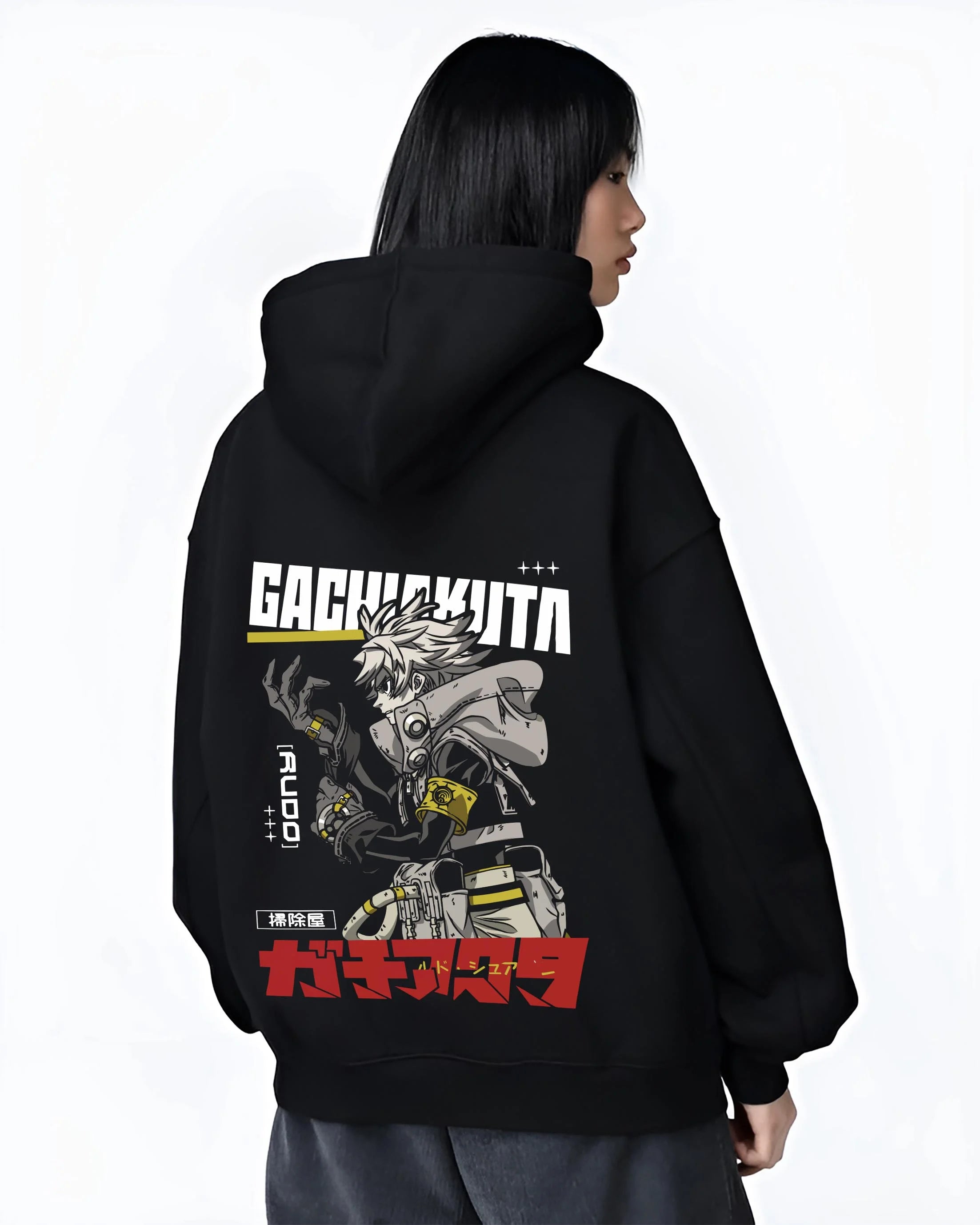 Black hoodie worn by female model, back view with Rudo Hoodie Gachiakuta Combat Jacket Edition graphic Rudo themed artwork.