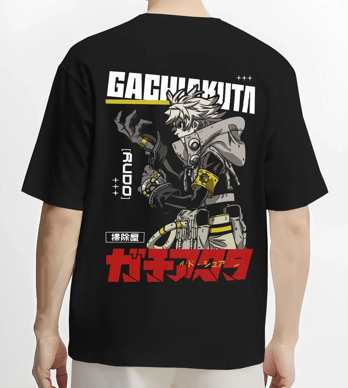 Black T-shirt worn by male model, back view with Rudo Hoodie Gachiakuta Combat Jacket Edition graphic Rudo anime design.