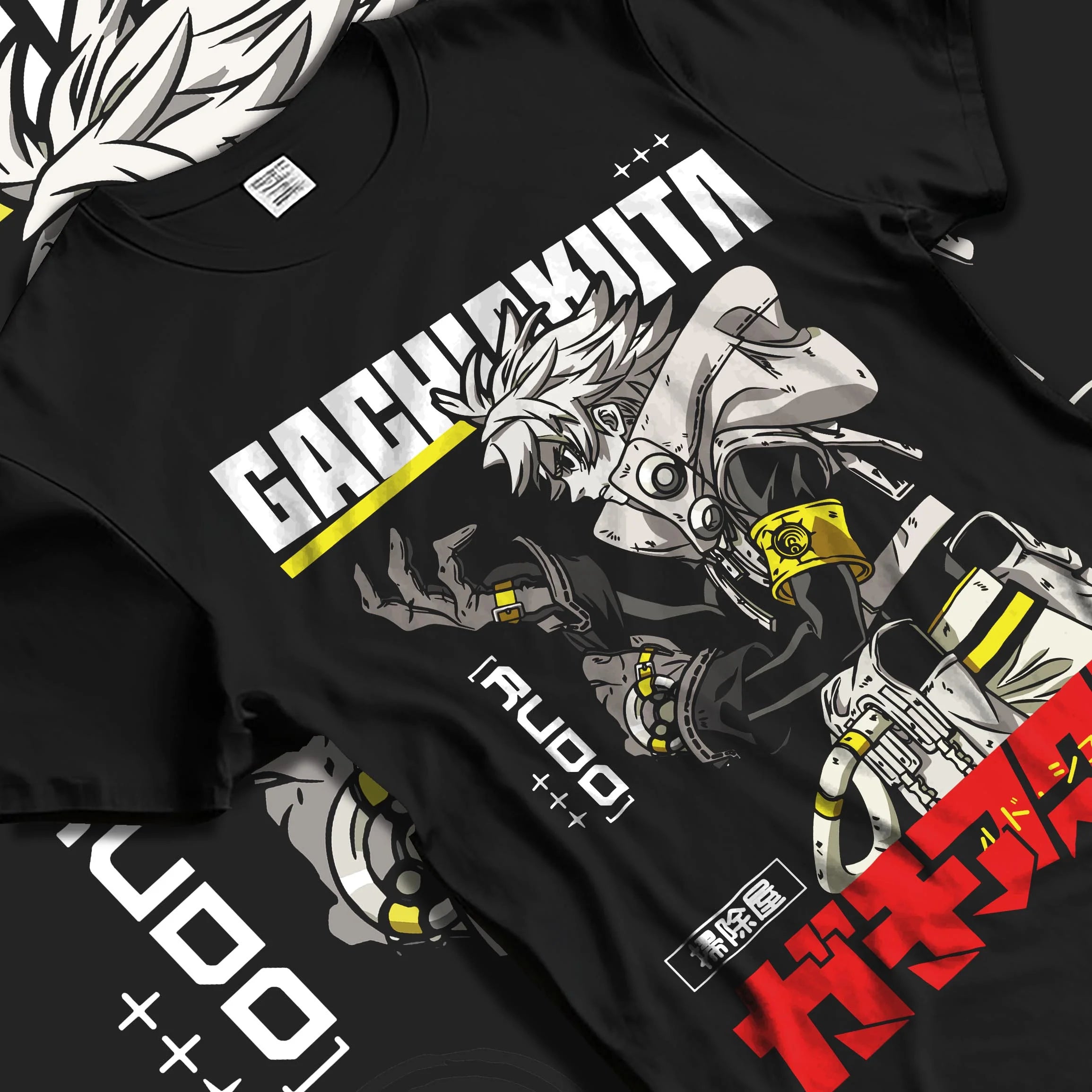Black T-shirt laid flat with natural folds with Rudo Hoodie Gachiakuta Combat Jacket Edition graphic premium wear.