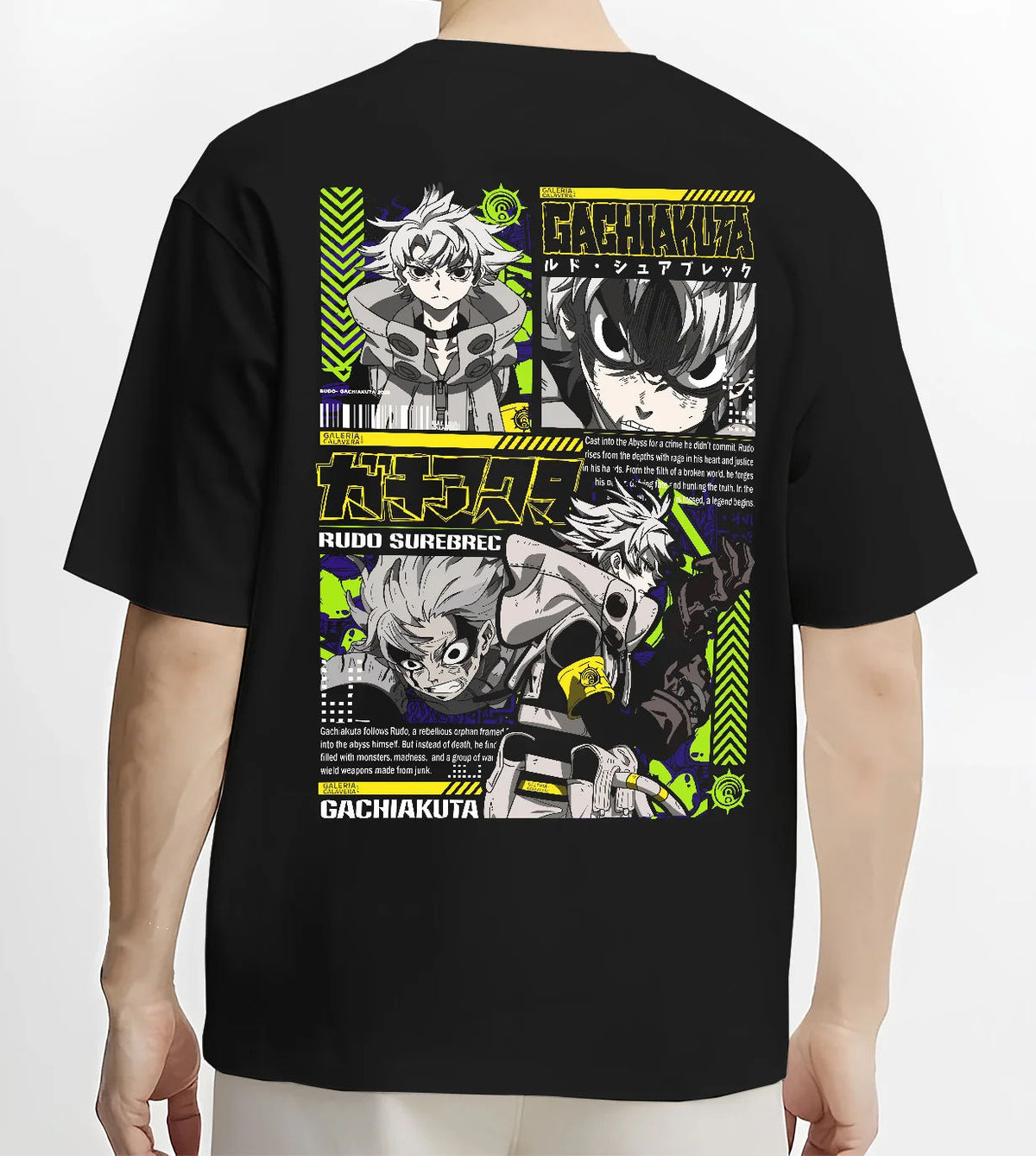 Black T-shirt model back view showing Gachiakuta: Rudo and characters