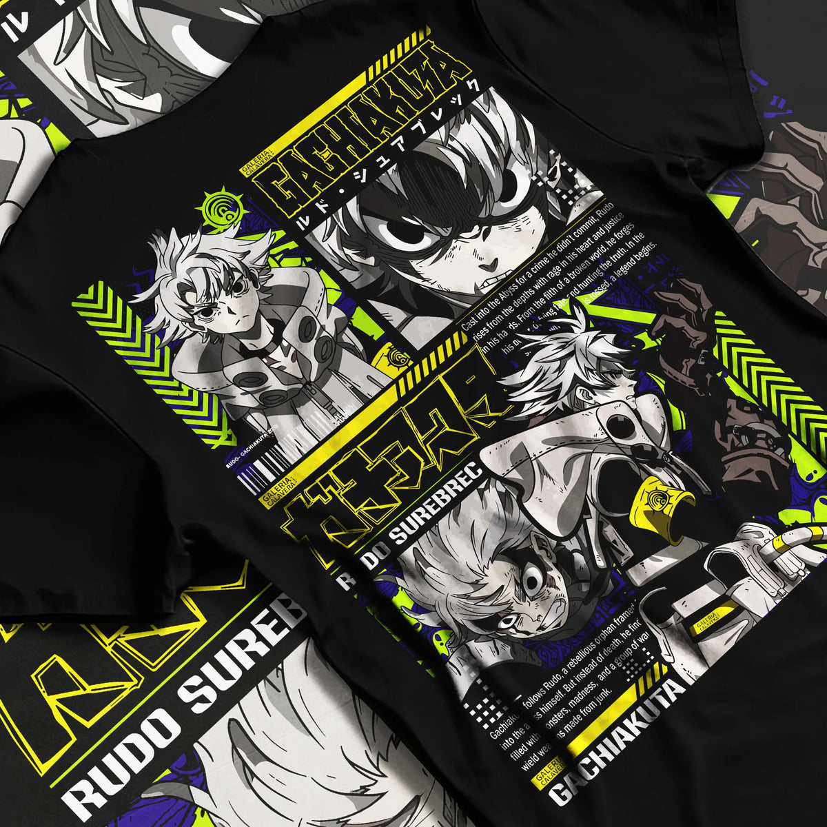 Black T-shirt flat back view showing Gachiakuta: Rudo and characters