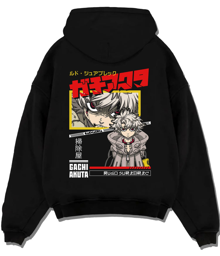 Black hoodie flat back view showing Rudo Surebrec from Gachiakuta: black/red manga portrait