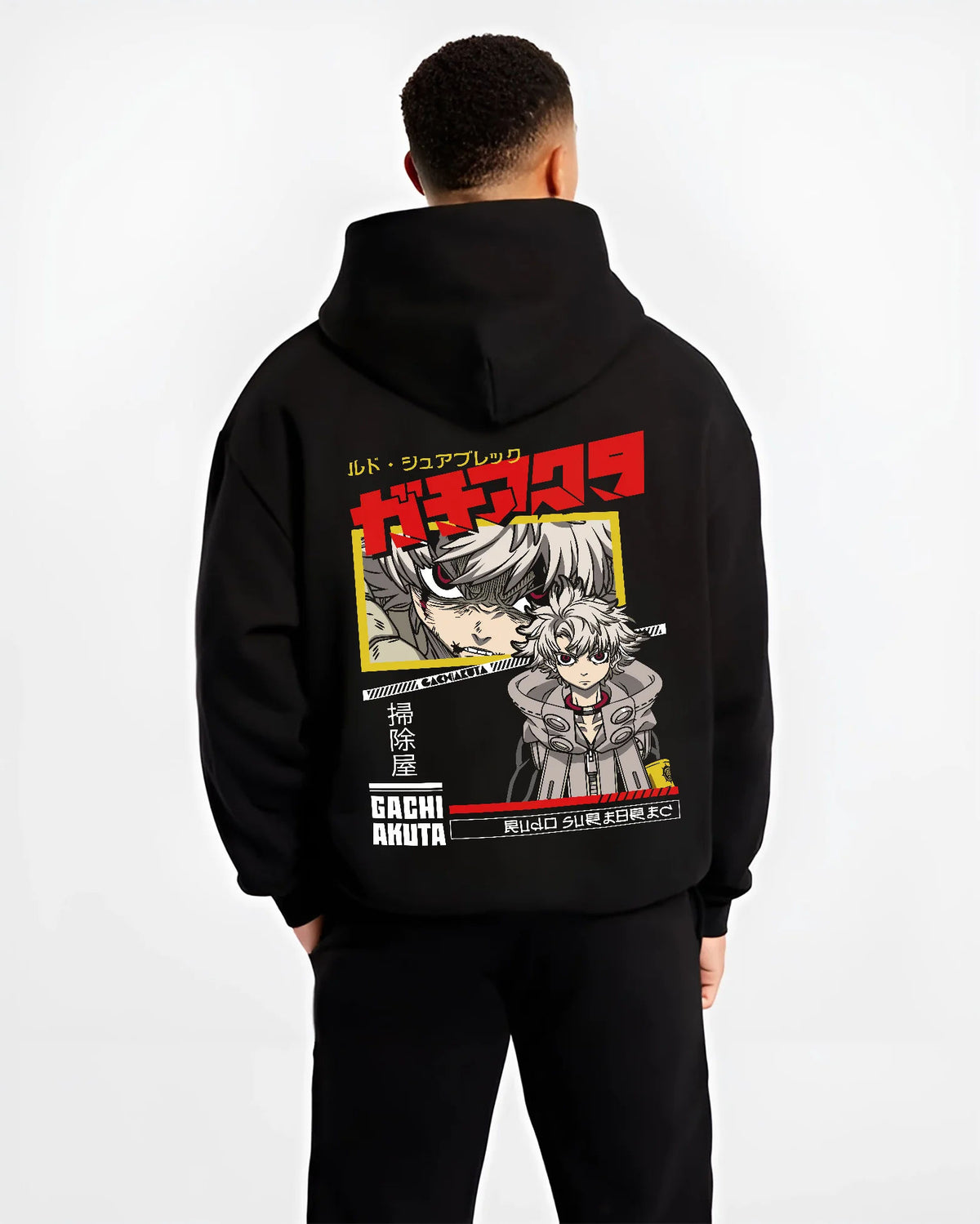 Black hoodie model back view showing Rudo Surebrec from Gachiakuta: black/red manga portrait