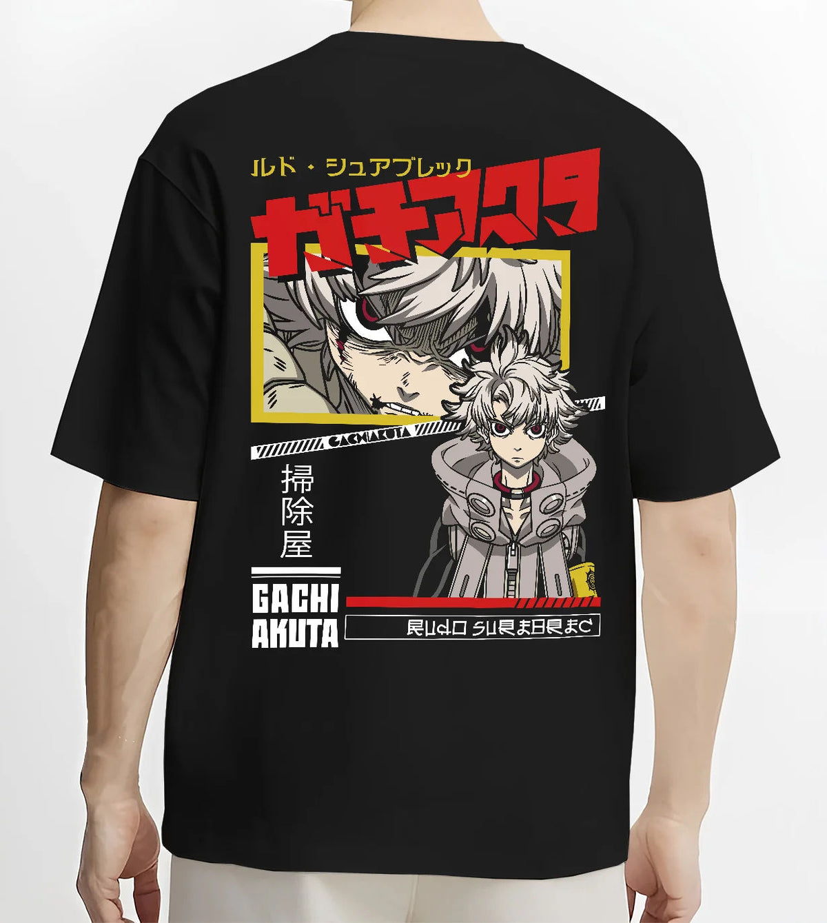 Black T-shirt model back view showing Rudo Surebrec from Gachiakuta: black/red manga portrait
