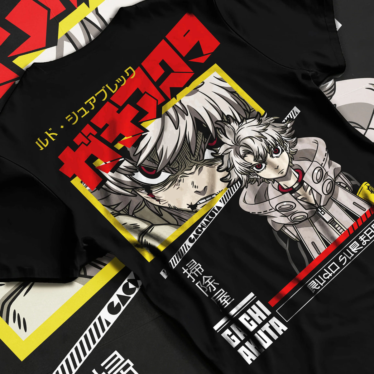 Black T-shirt flat back view showing Rudo Surebrec from Gachiakuta: black/red manga portrait