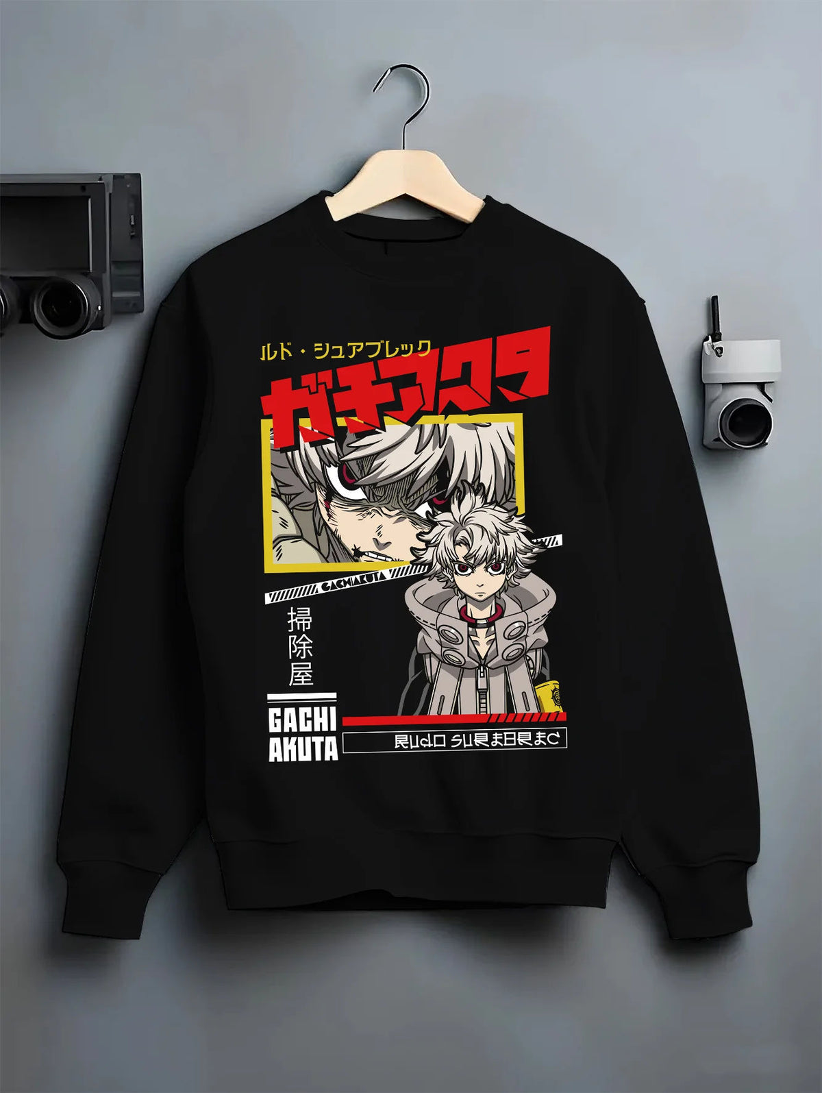 Black crewneck sweatshirt on hanger showing Rudo Surebrec from Gachiakuta: black/red manga portrait