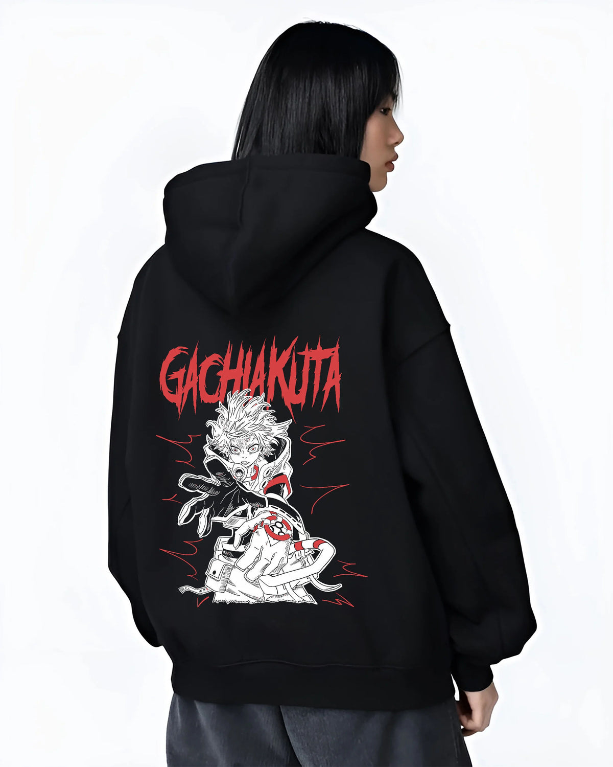 Black hoodie female model back view showing Rudo Surebrec from Gachiakuta: red-and-black design