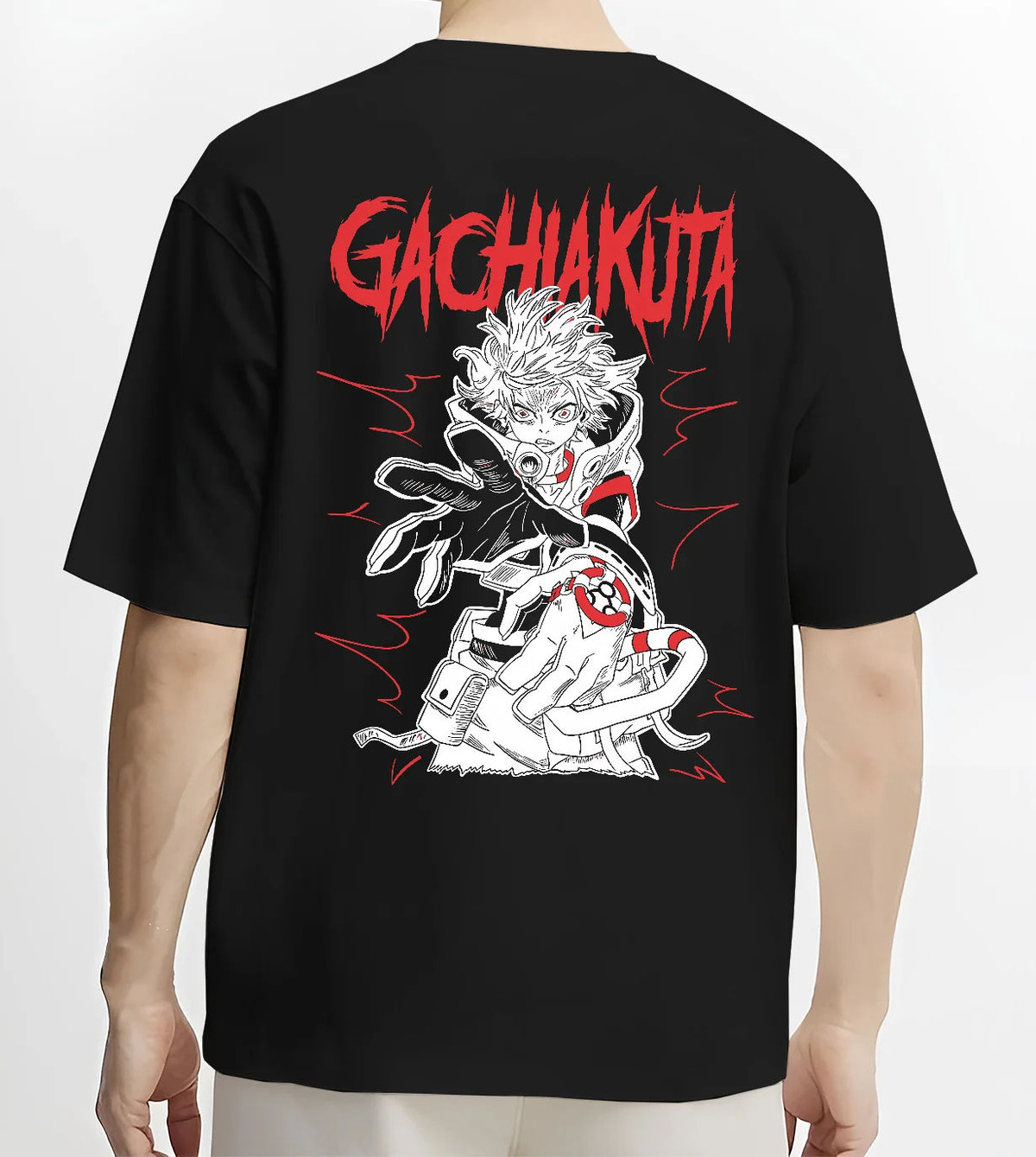 Black T-shirt model back view showing Rudo Surebrec from Gachiakuta: red-and-black design