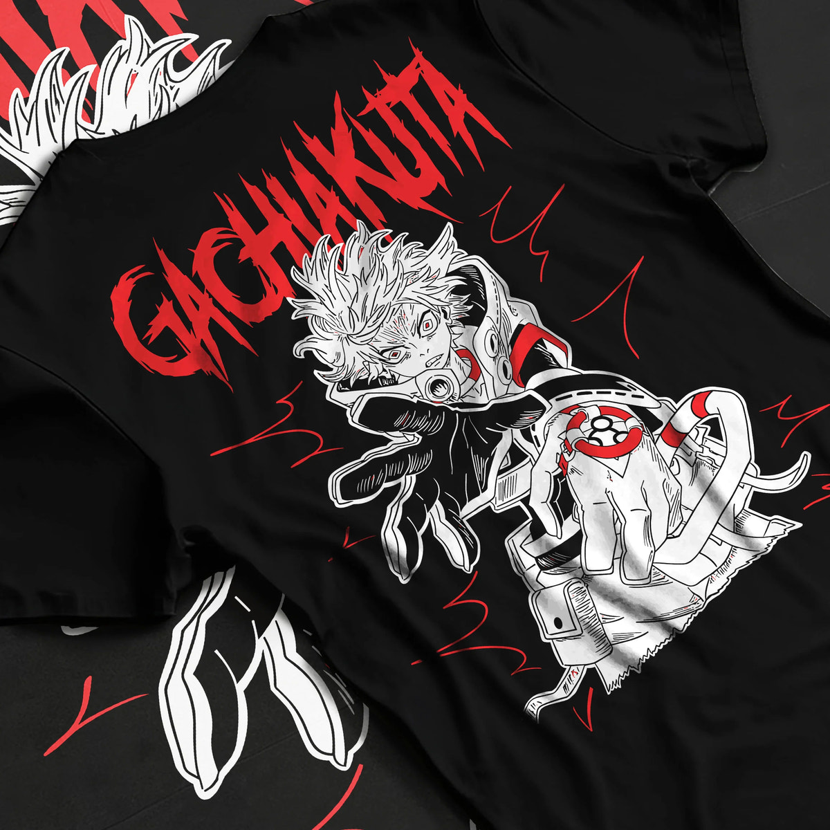Black T-shirt flat back view showing Rudo Surebrec from Gachiakuta: red-and-black design