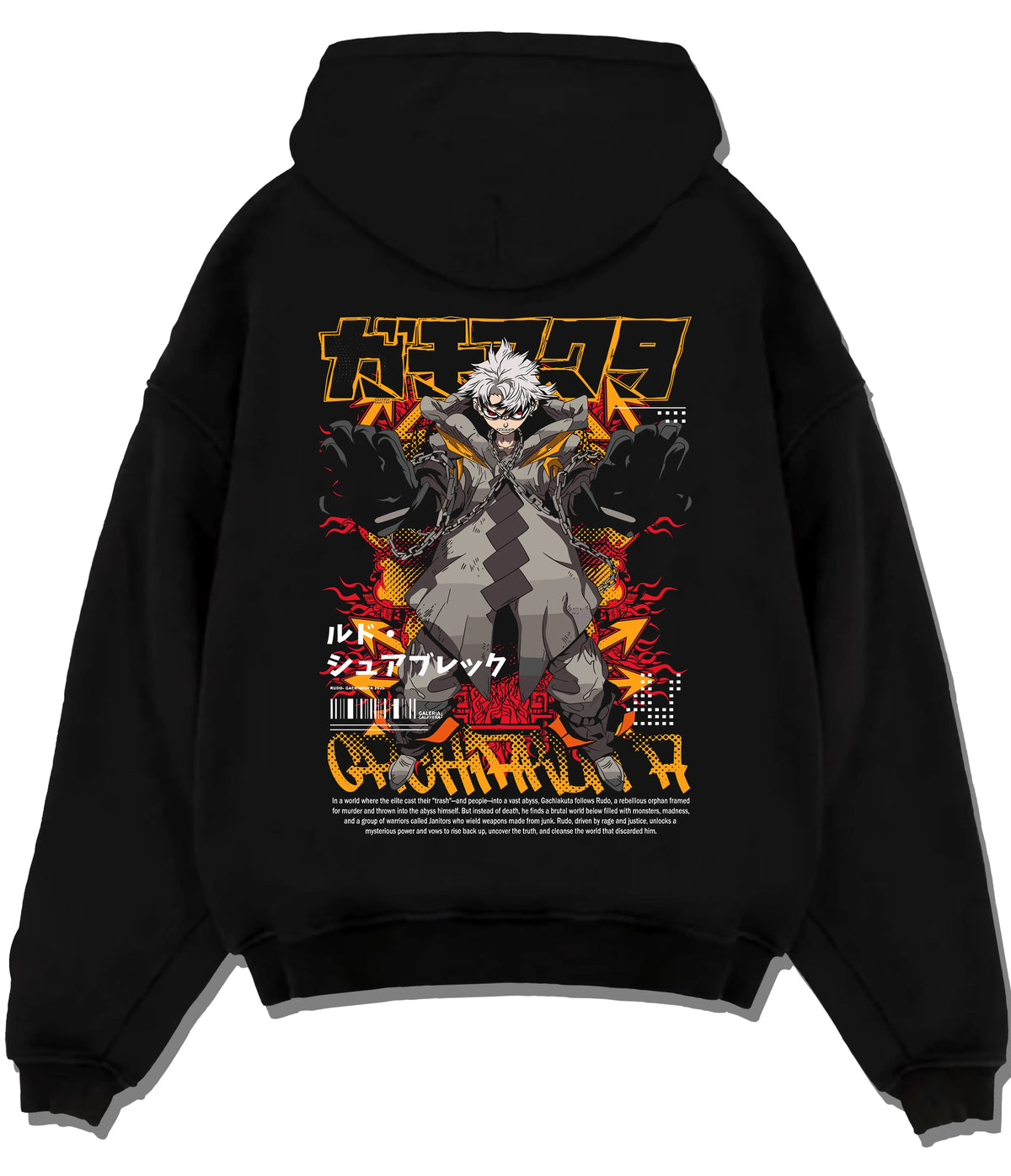 Black hoodie flat back view showing Rudo Surebrec from Gachiakuta: comic action poster