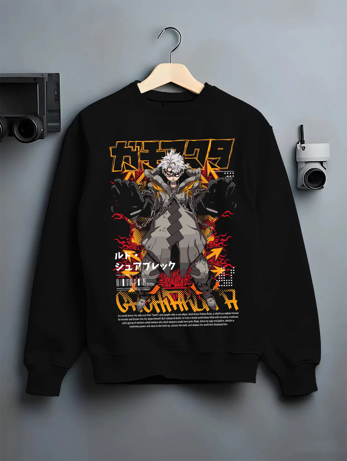 Black crewneck sweatshirt on hanger showing Rudo Surebrec from Gachiakuta: comic action poster