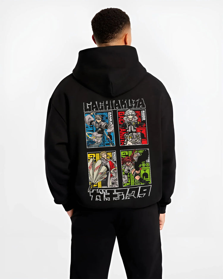Black hoodie model back view with Rudo, Zanka, Enjin and Gachiakuta cast illustrated back graphic