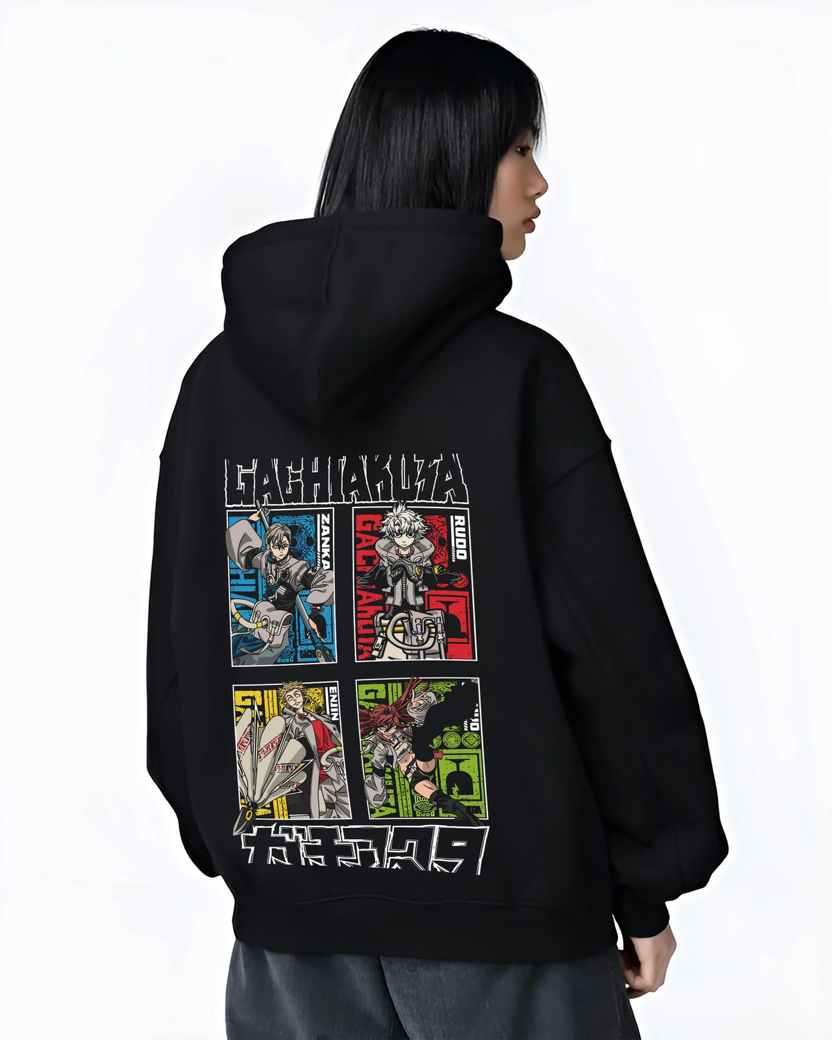 Black hoodie female model back view with Rudo, Zanka, Enjin and Gachiakuta cast illustrated back graphic