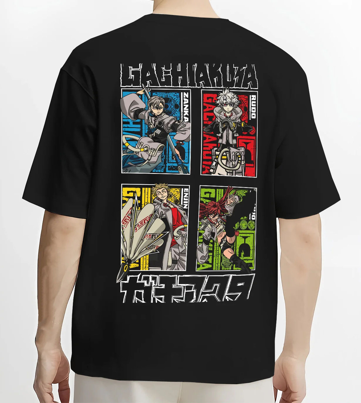 Black T-shirt model back view with Rudo, Zanka, Enjin and Gachiakuta cast illustrated back graphic