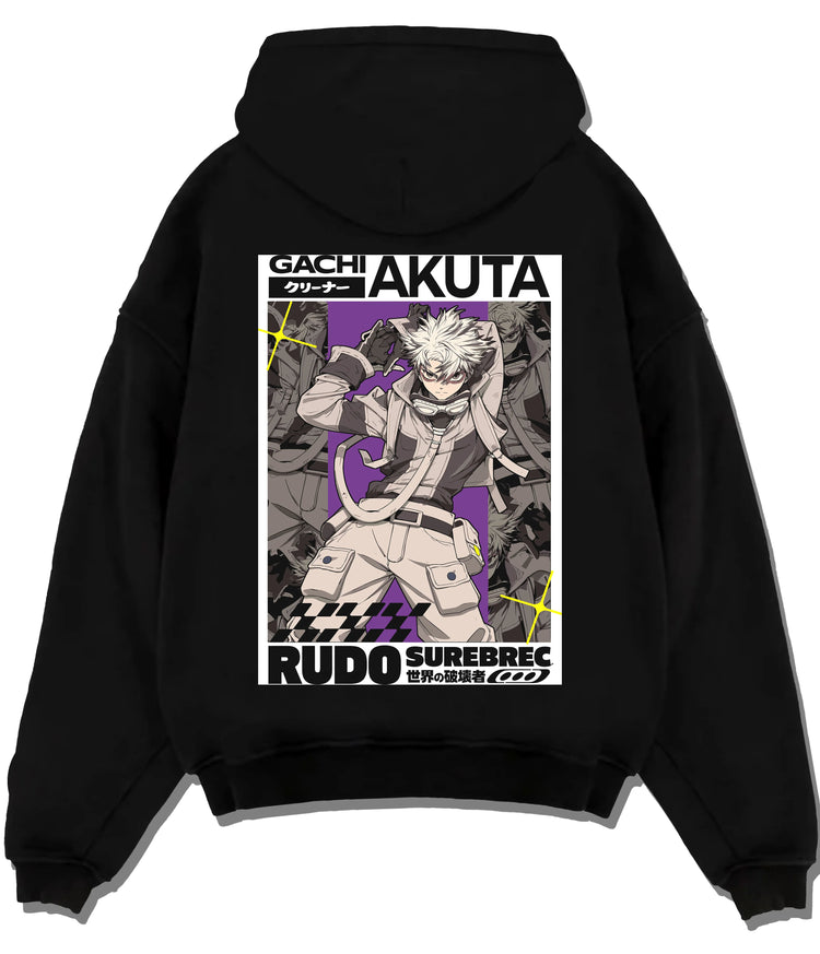 Black hoodie flat back view showing Rudo Surebrec from Gachiakuta: manga grey character poster