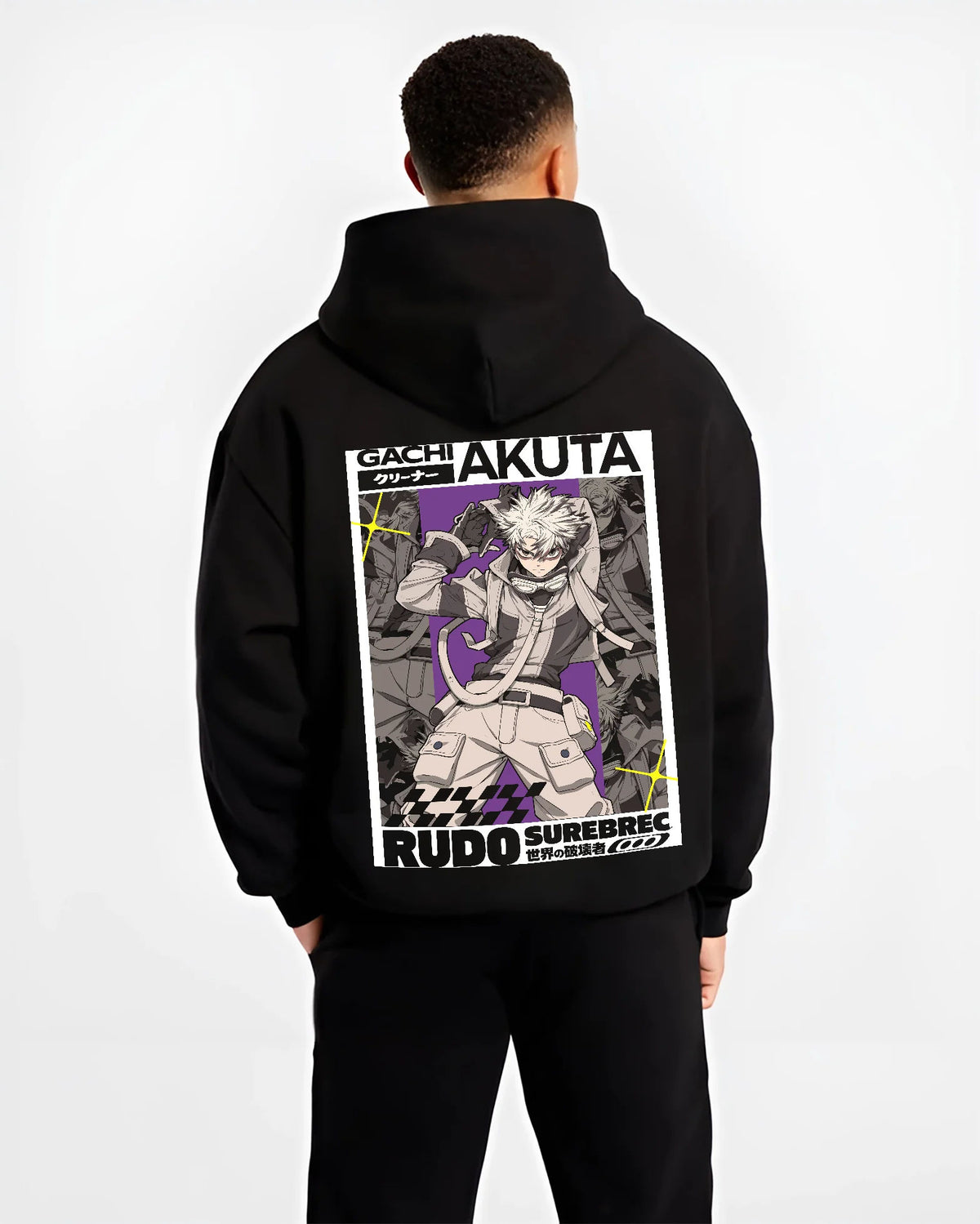 Black hoodie model back view showing Rudo Surebrec from Gachiakuta: manga grey character poster