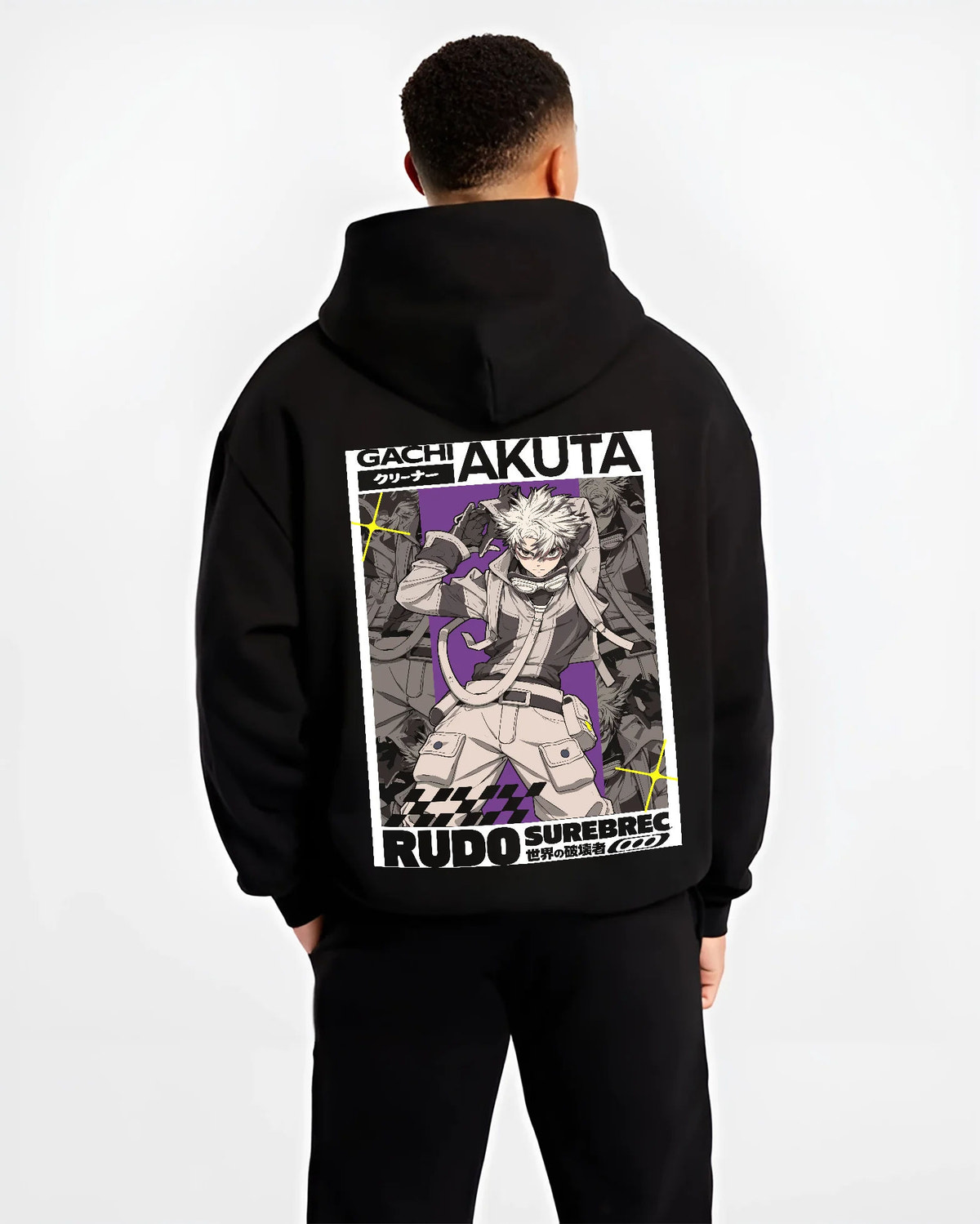 Black hoodie model back view showing Rudo Surebrec from Gachiakuta: manga grey character poster