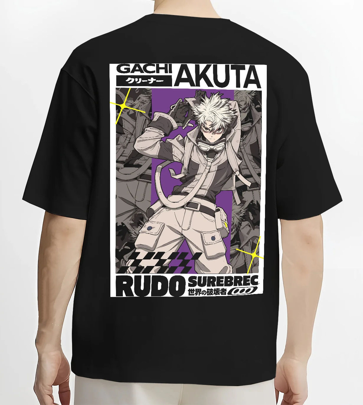 Black T-shirt model back view showing Rudo Surebrec from Gachiakuta: manga grey character poster