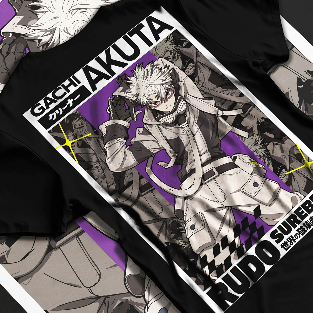 Black T-shirt flat back view showing Rudo Surebrec from Gachiakuta: manga grey character poster