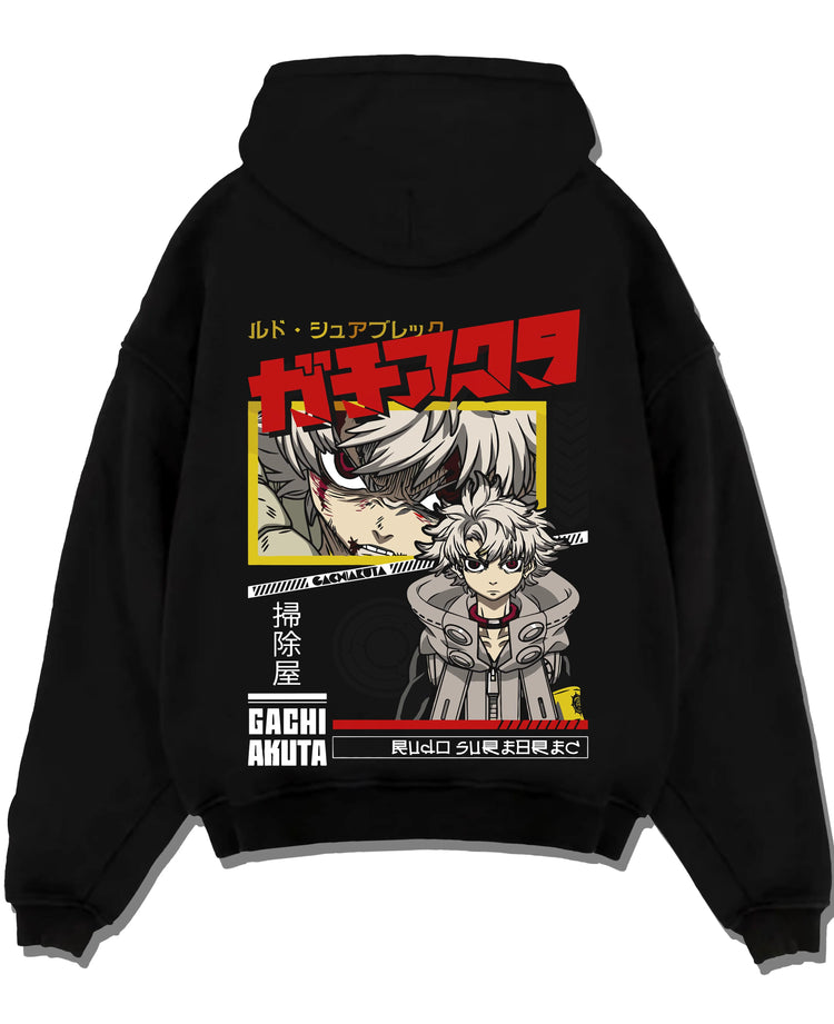 Black pullover hoodie laid flat with Rudo Hoodie Gachiakuta Crouch Pose Graphic graphic dynamic action scene.
