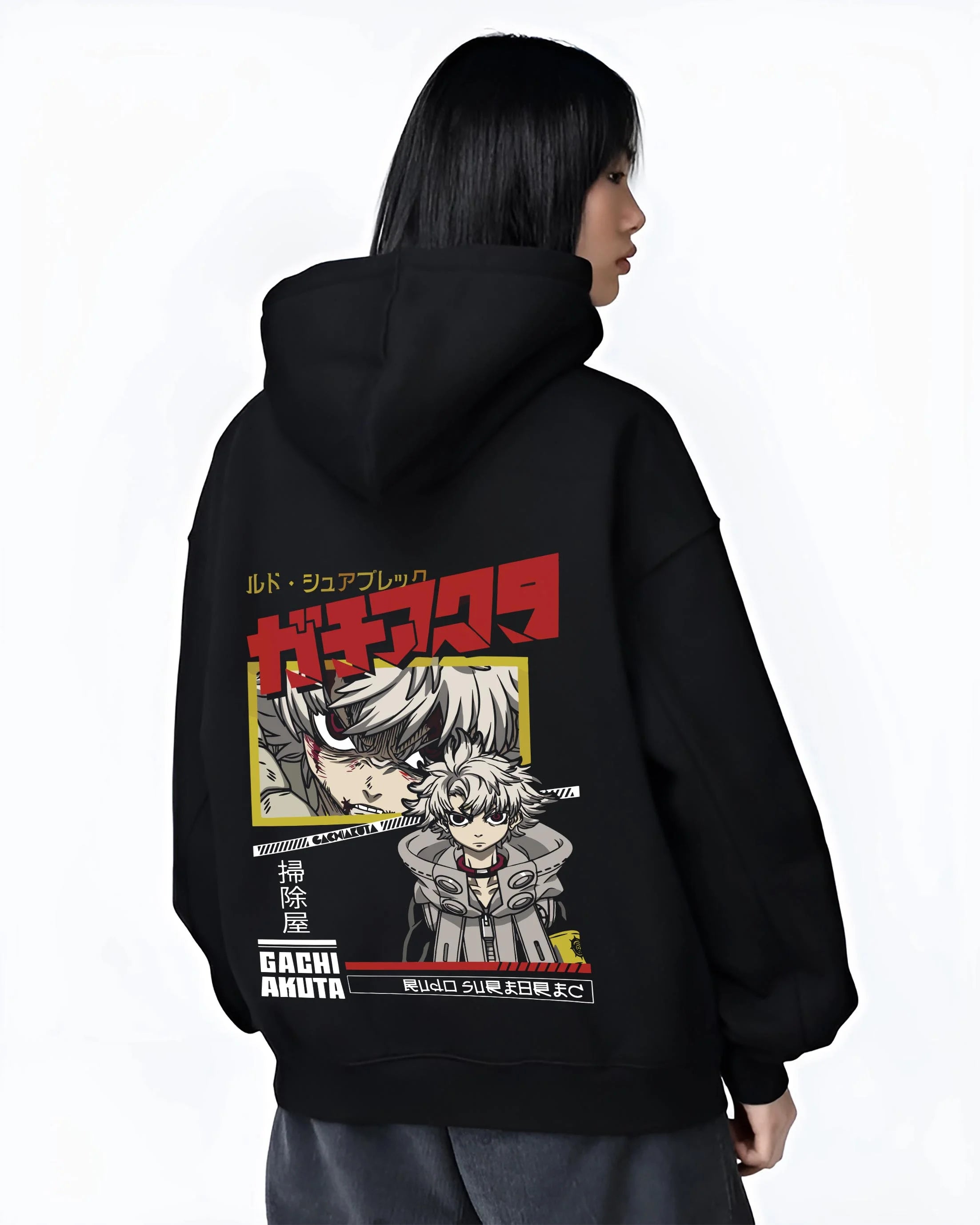 Black hoodie worn by female model, back view with Rudo Hoodie Gachiakuta Crouch Pose Graphic graphic streetwear graphic.