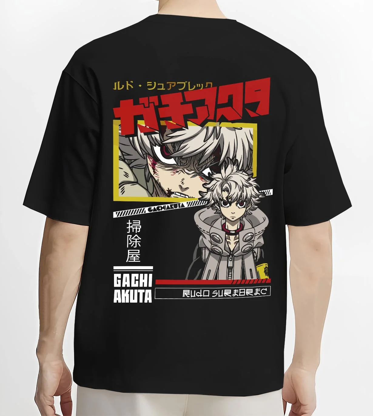 Black T-shirt worn by male model, back view with Rudo Hoodie Gachiakuta Crouch Pose Graphic graphic Rudo anime design.
