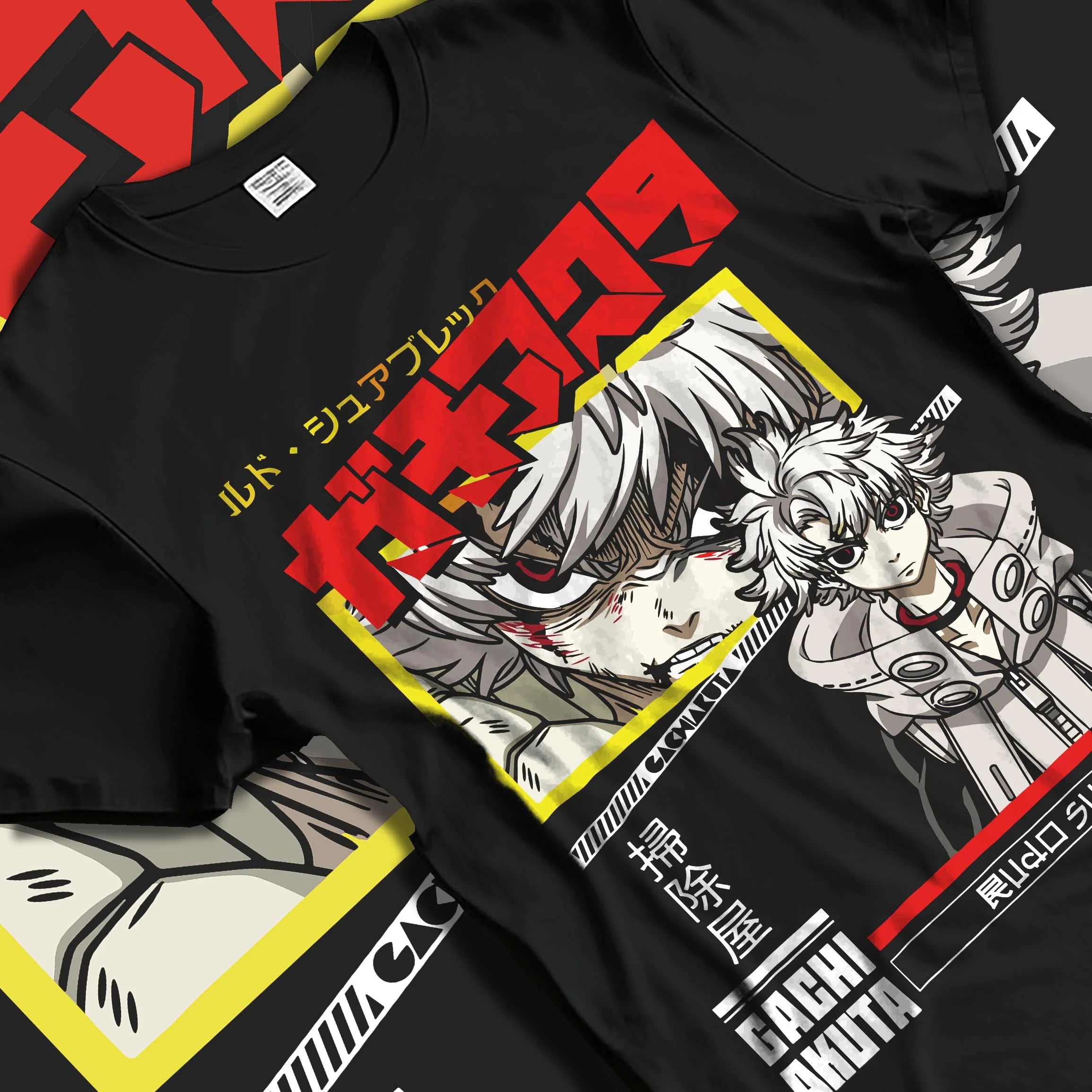 Black T-shirt laid flat with natural folds with Rudo Hoodie Gachiakuta Crouch Pose Graphic graphic premium wear.
