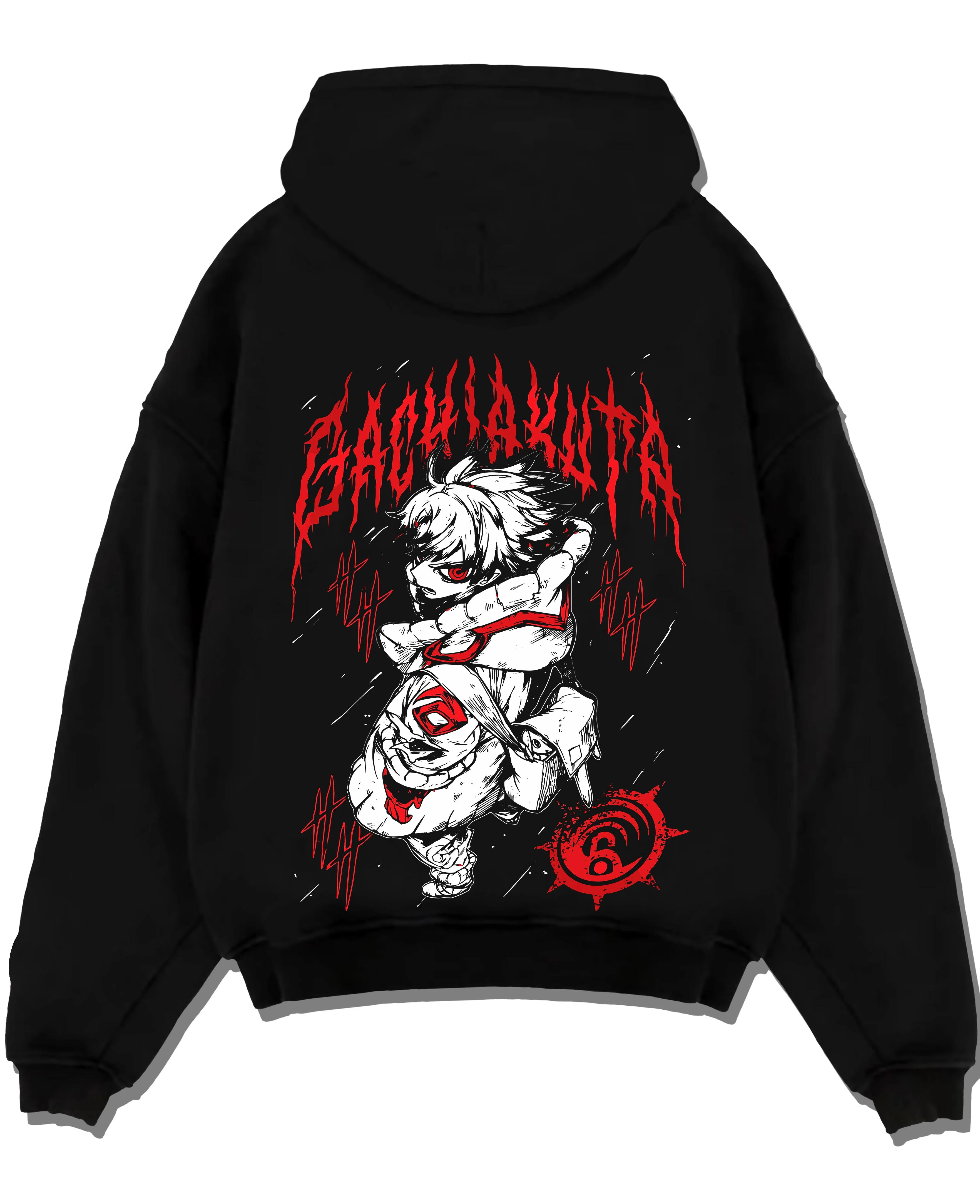 Black pullover hoodie laid flat with Rudo Hoodie Gachiakuta Blood Red Special graphic Rudo anime design.
