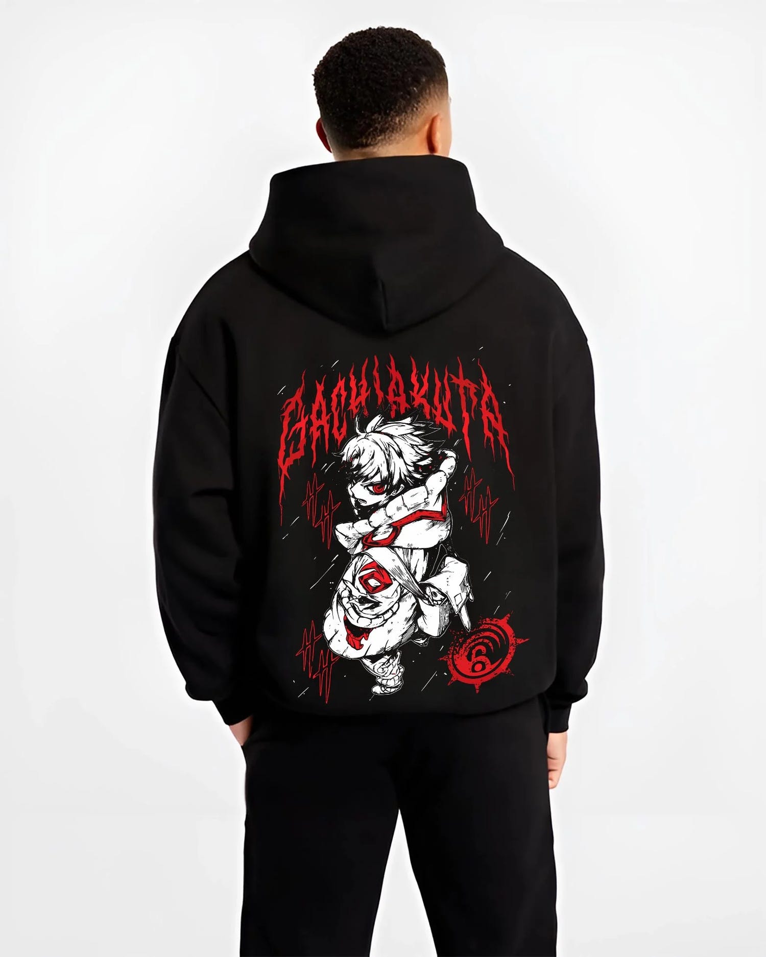 Black hoodie worn by male model, back view with Rudo Hoodie Gachiakuta Blood Red Special graphic premium wear.