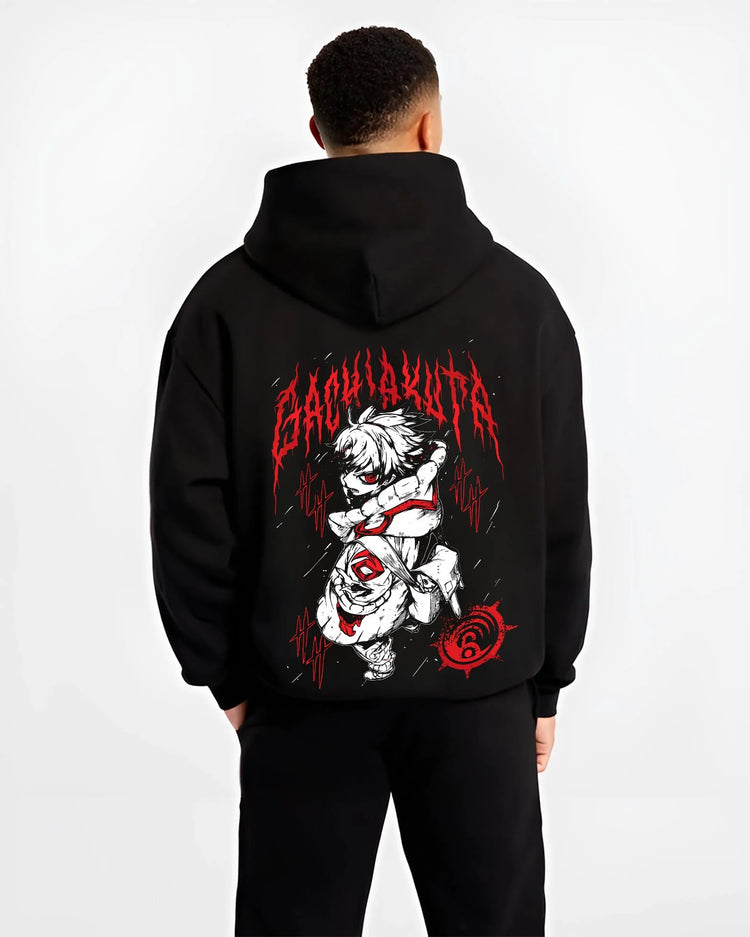 Black hoodie worn by male model, back view with Rudo Hoodie Gachiakuta Blood Red Special graphic premium wear.