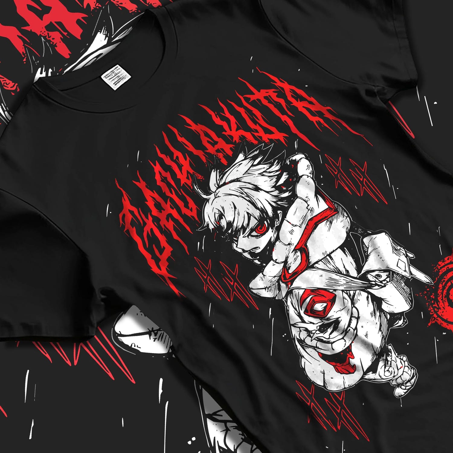 Black T-shirt laid flat with natural folds with Rudo Hoodie Gachiakuta Blood Red Special graphic Rudo anime design.