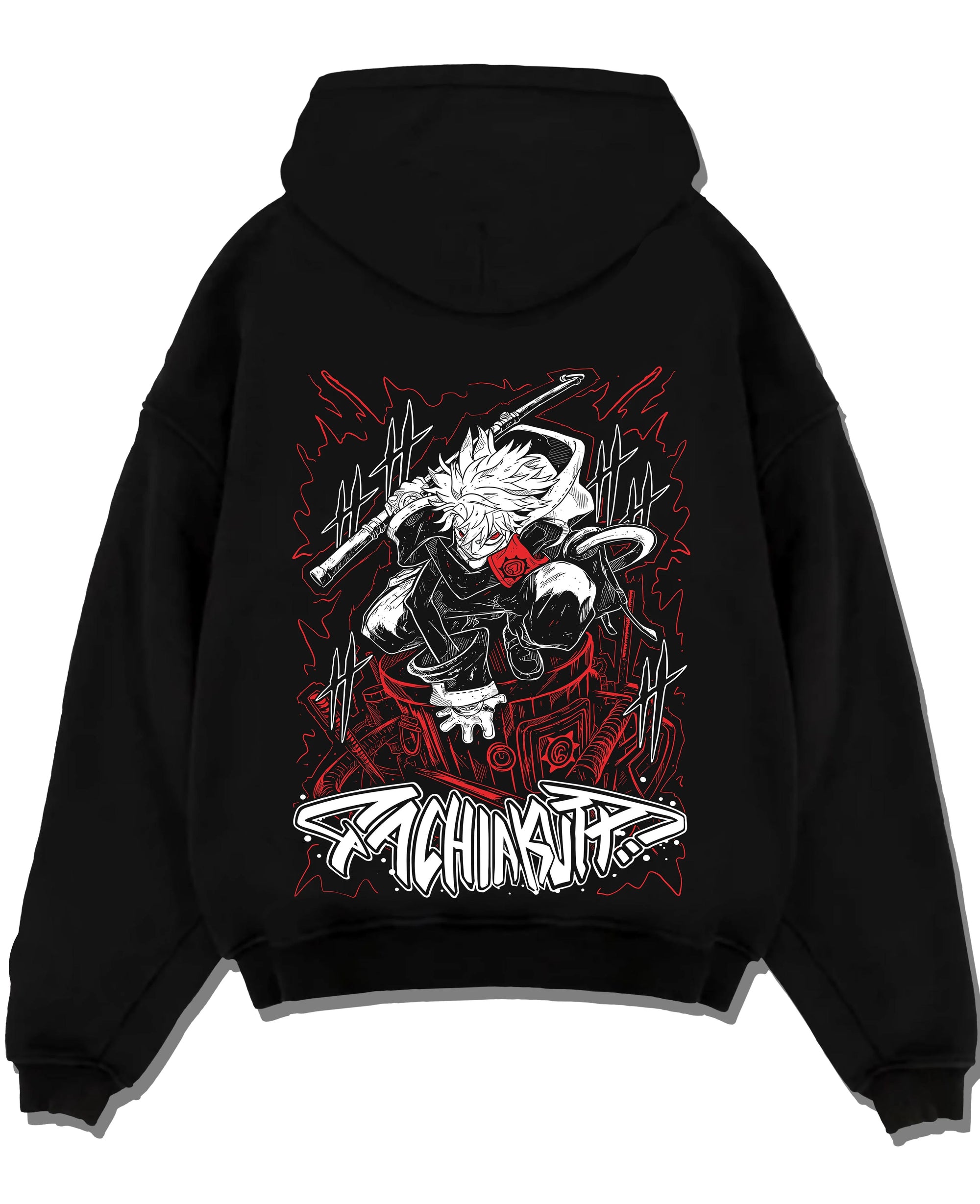 Black pullover hoodie laid flat with Rudo Hoodie Gachiakuta Sword Combat Stance graphic streetwear graphic.