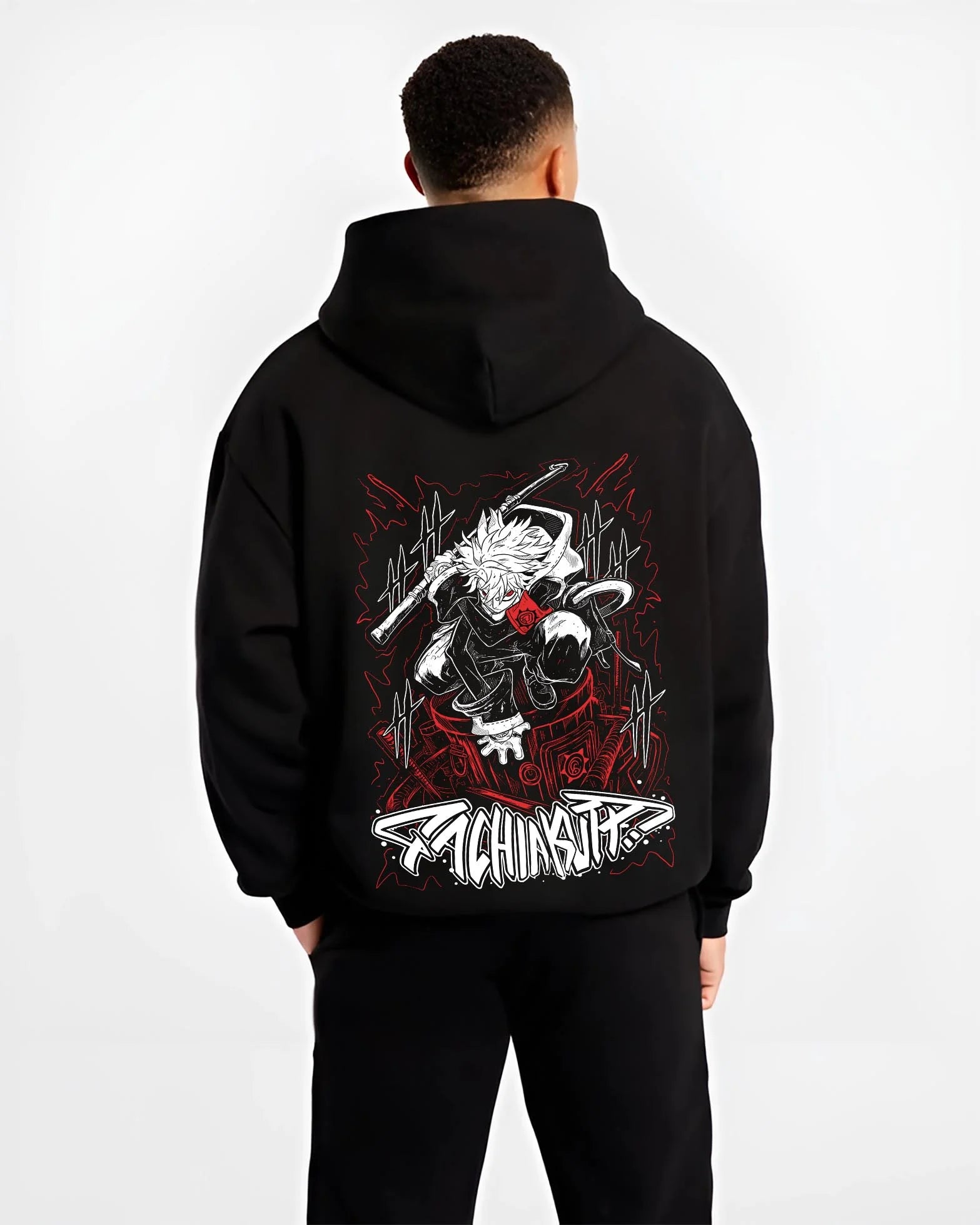 Black hoodie worn by male model, back view with Rudo Hoodie Gachiakuta Sword Combat Stance graphic Rudo anime design.
